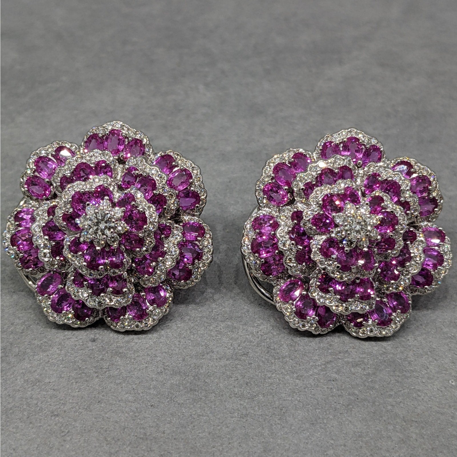 Pink Sapphire and Diamond Tiered Flower Earrings in 18k White Gold