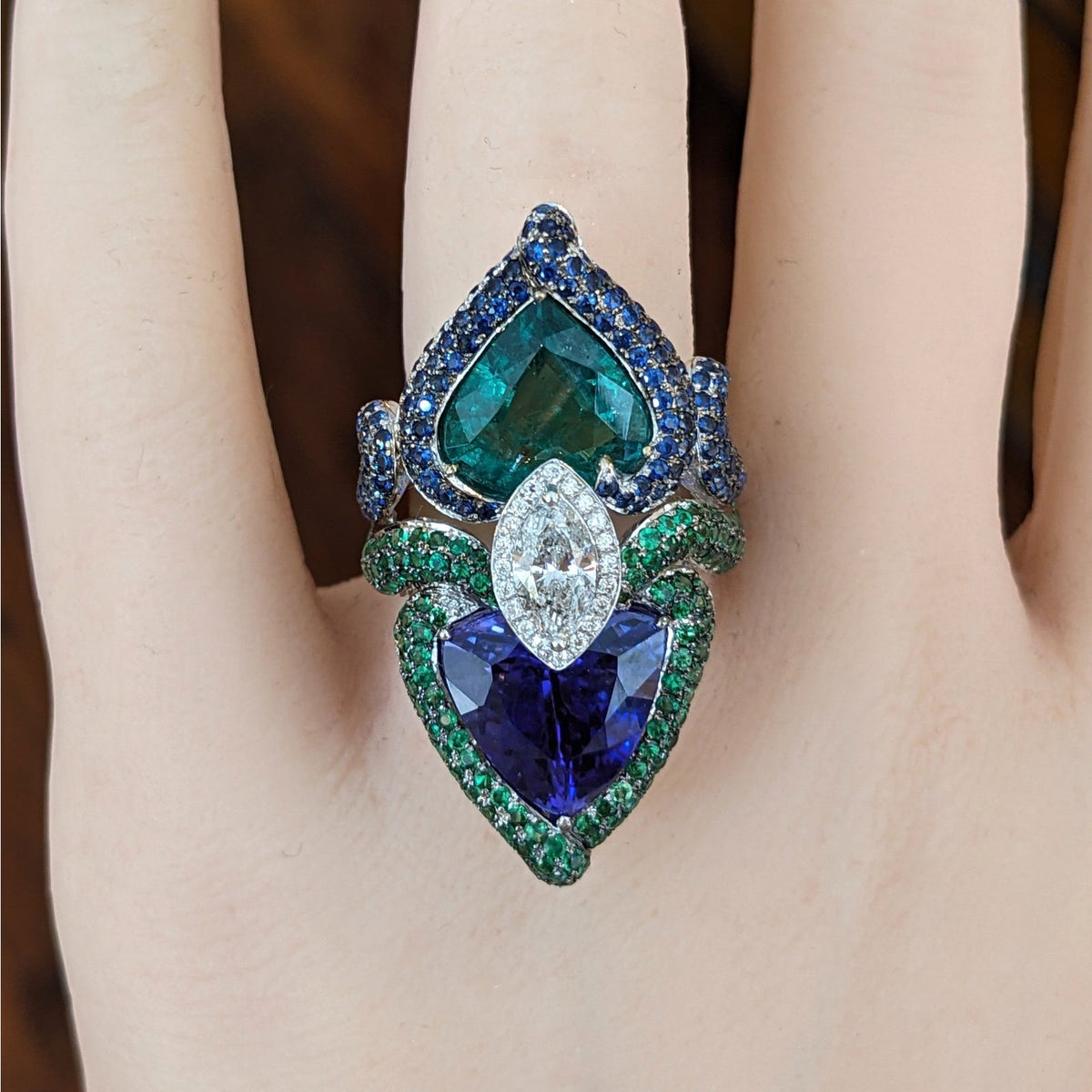 GIA Natural Emerald and Tanzanite and Diamond Ring in 18k White Gold