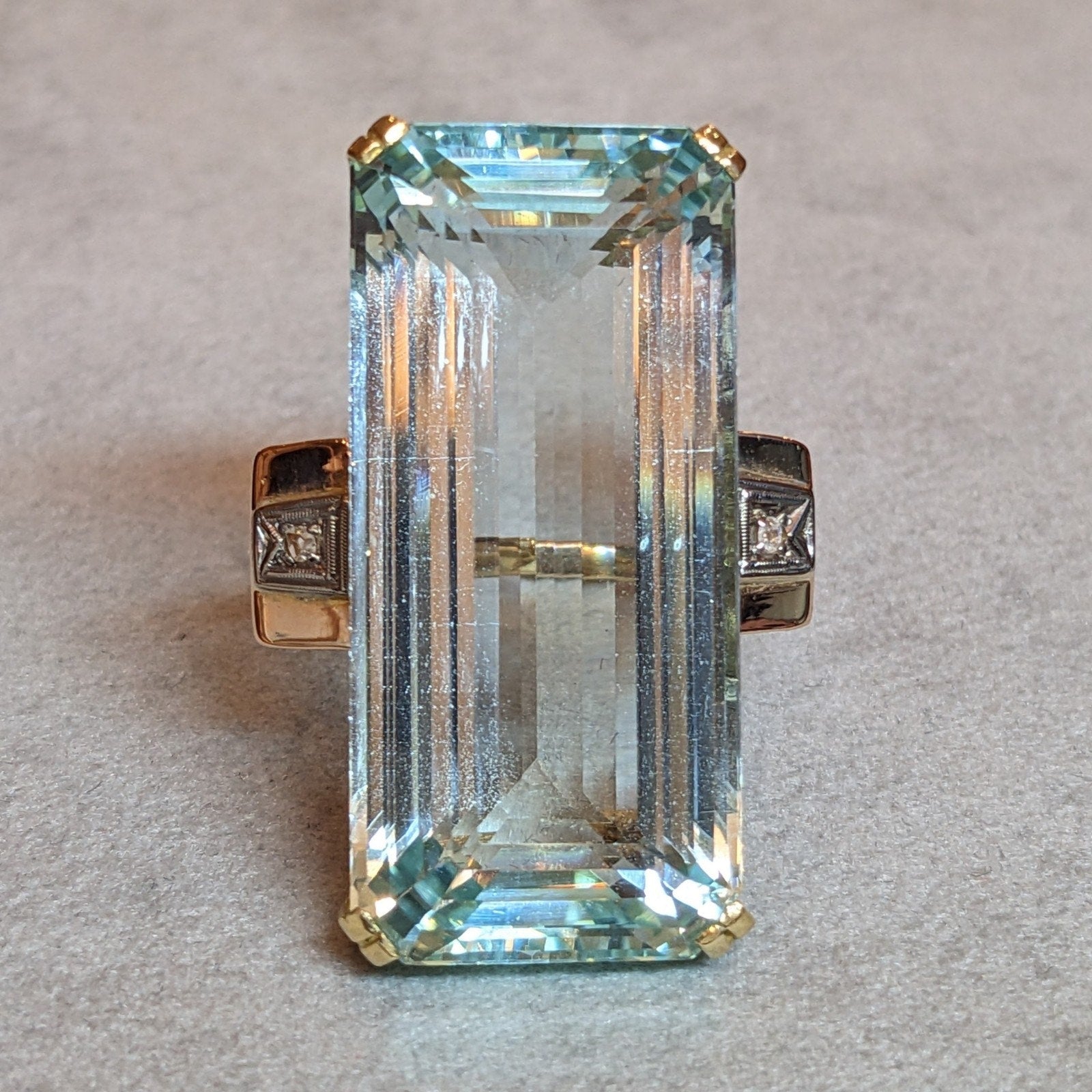 66.92 ct Elongated Aquamarine in Retro ring setting 18k and 14k Gold