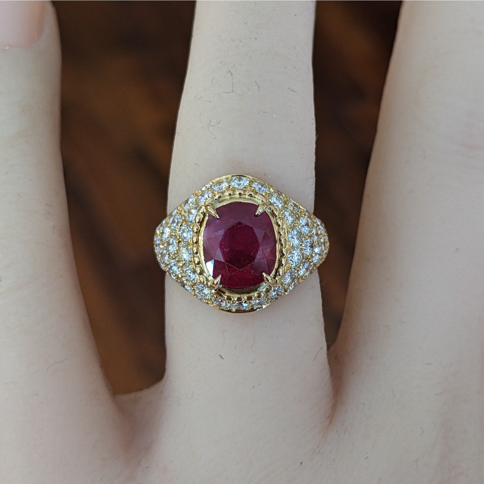 AGL Unheated 3.01 ct Natural Red Ruby in Diamond 18k Yellow Gold Ring