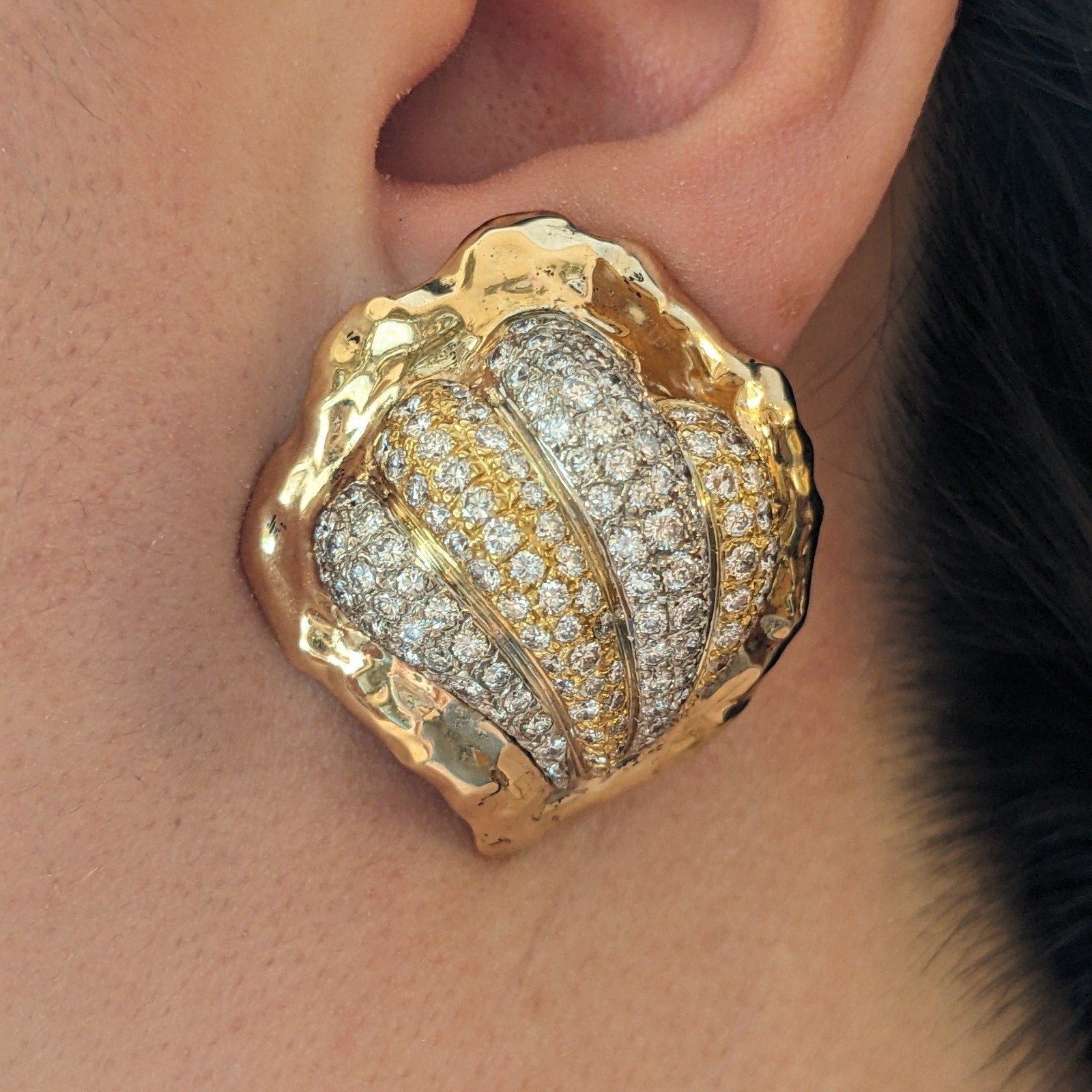 Diamond Pave Seashell Earrings 4.25 ctw in 14k Yellow & White Gold