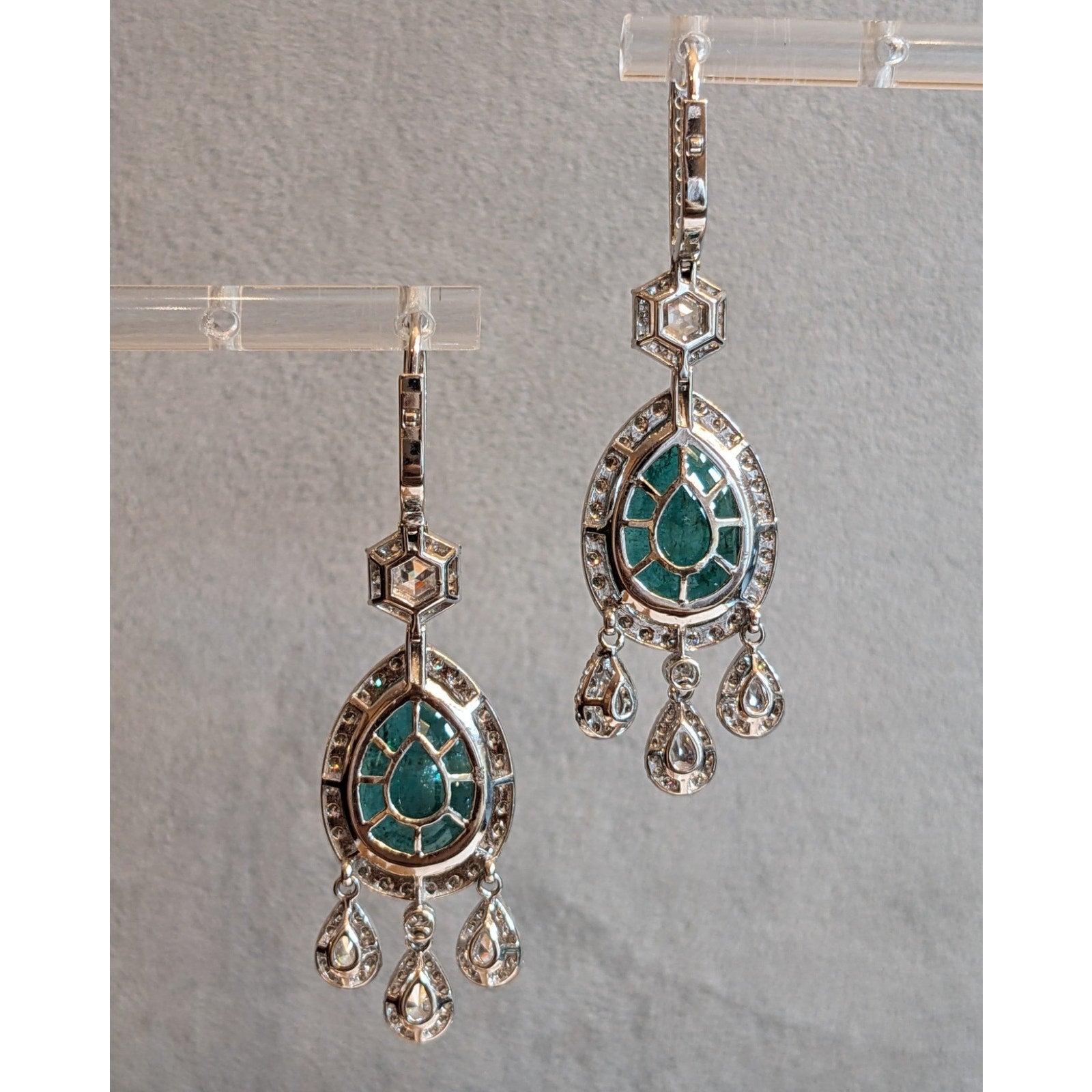 Large Pear Emerald Drop Earrings with Diamonds in 18k White Gold