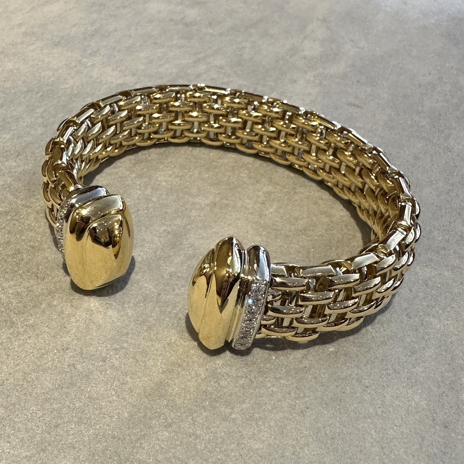 Wide Flexible Cuff Bangle with Diamonds in 18k Yellow and White Gold