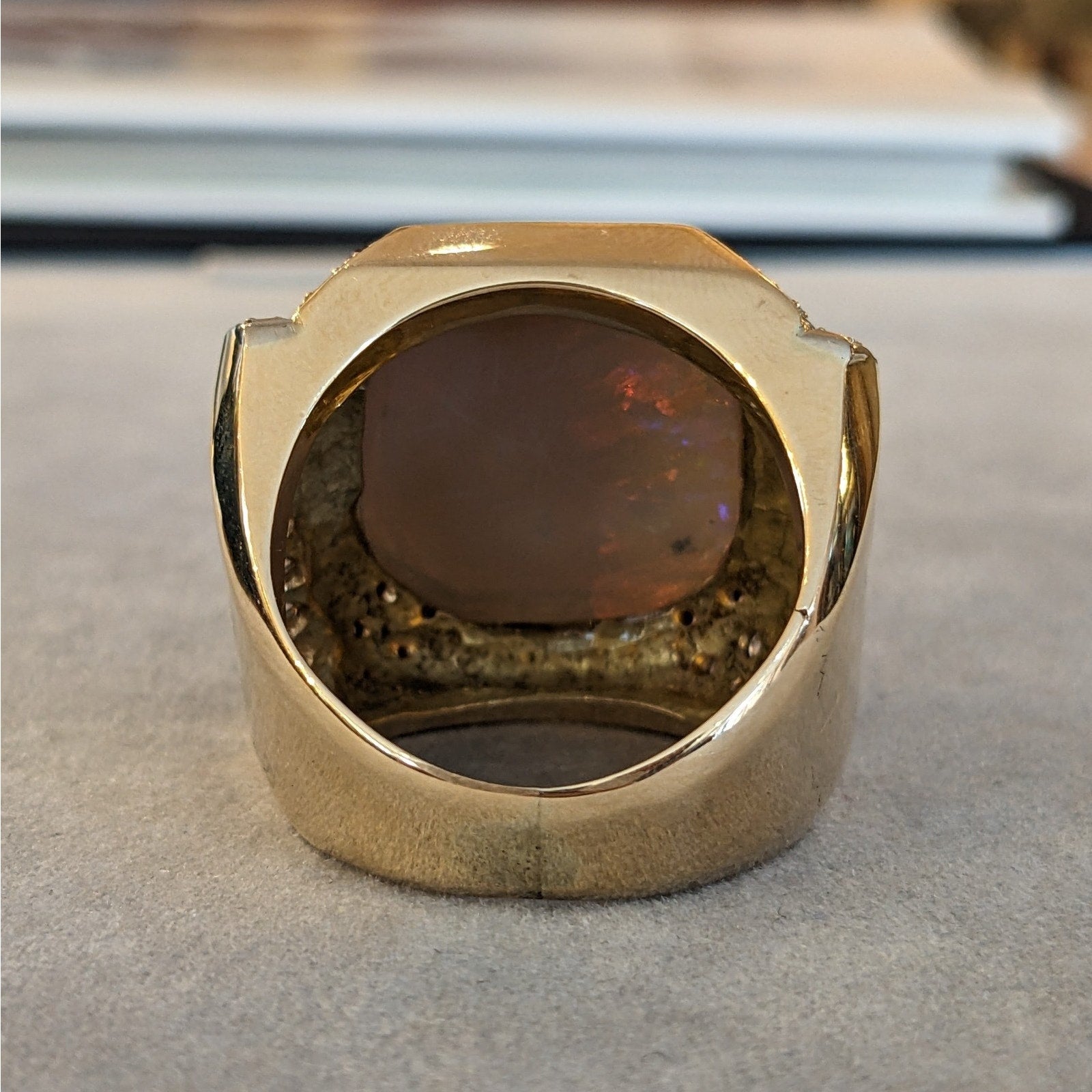 Large Natural Opal Ring with Diamonds in 14k Yellow Gold