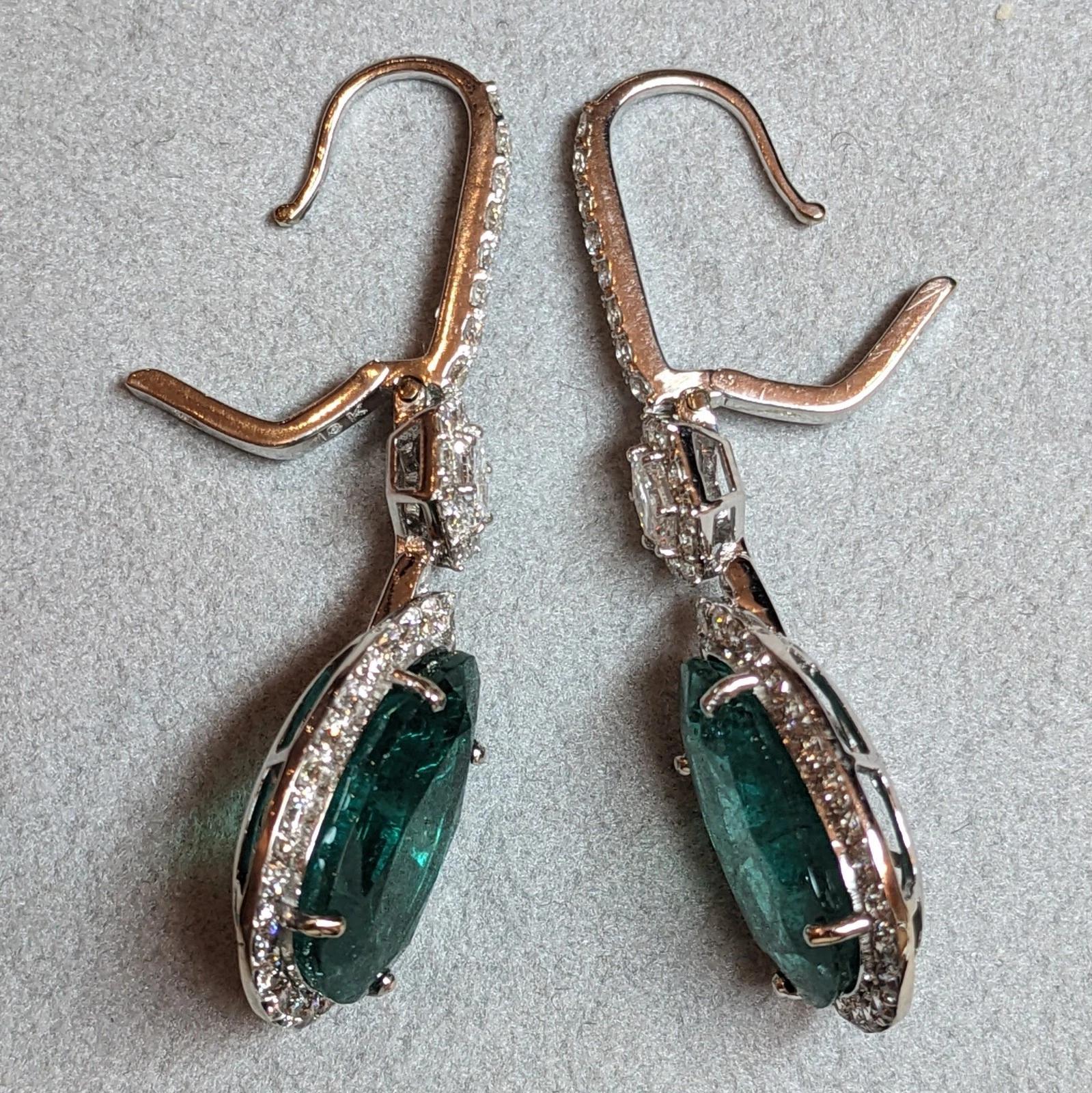 Large Pear Emerald Drop Earrings with Diamonds in 18k White Gold
