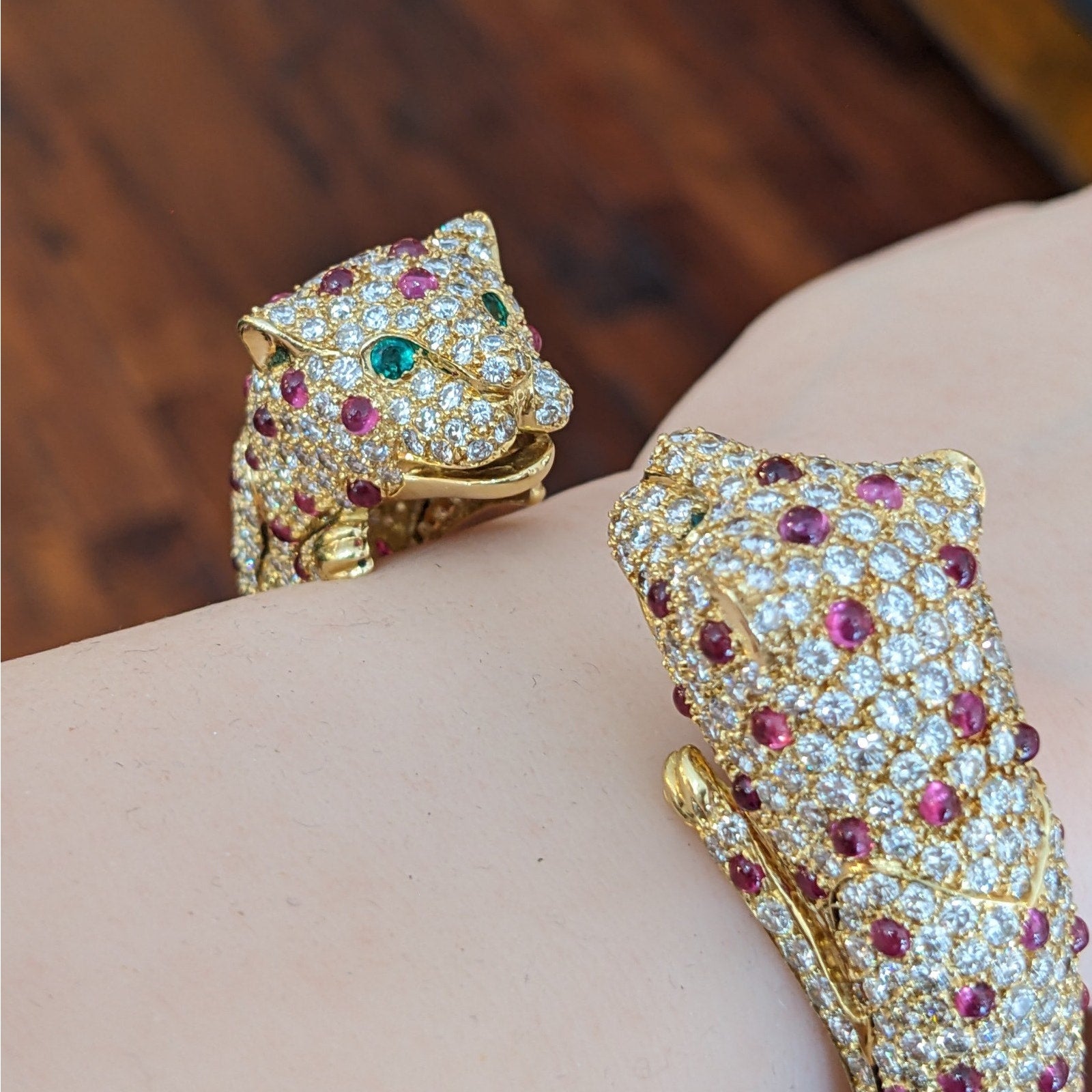 Ruby and Diamond Pave Panther Head Bangle Bracelet in 18k Yellow Gold