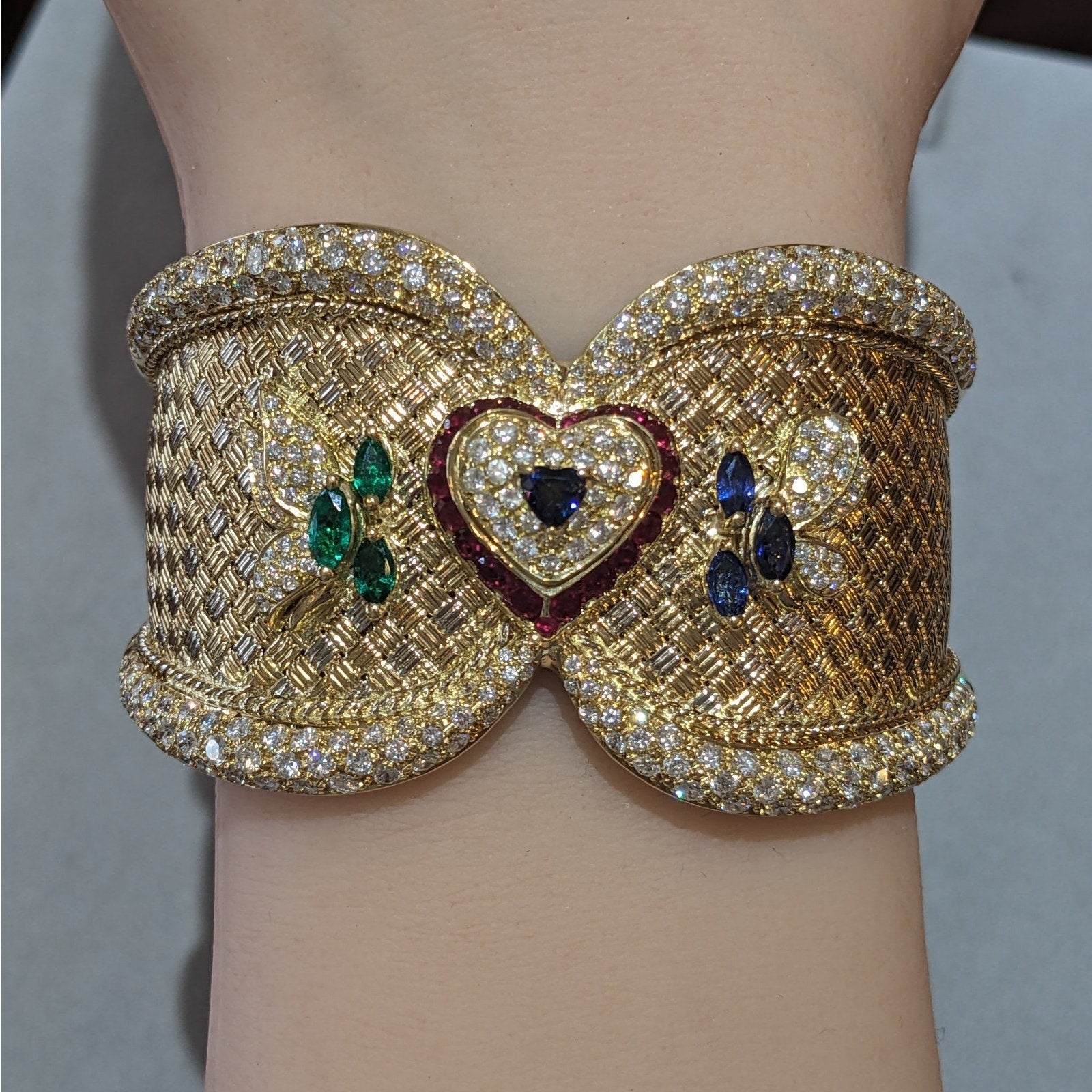 Ruby, Emerald, Sapphire and Diamond Cuff Bracelet in 18k Gold