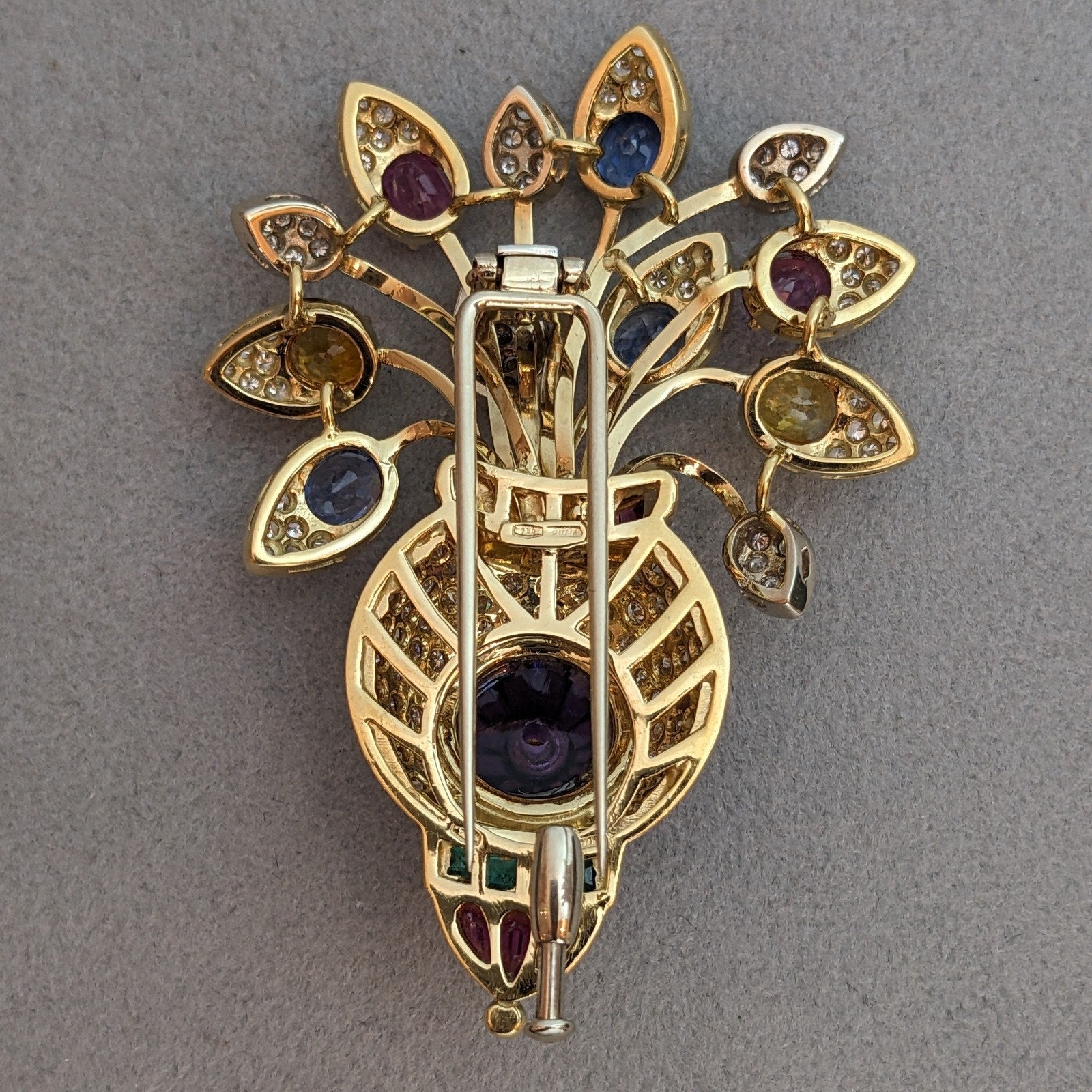 Multi-Gem Flower Pin with Diamonds and Amethyst in 18k Yellow Gold