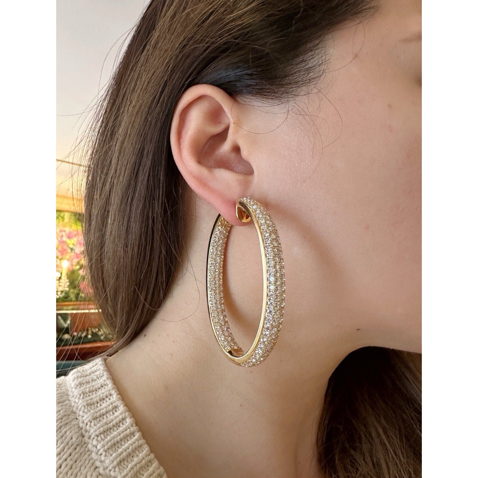 17.38cts Inside Out Oval Pave Diamond Hoop Earrings in 18k Yellow Gold