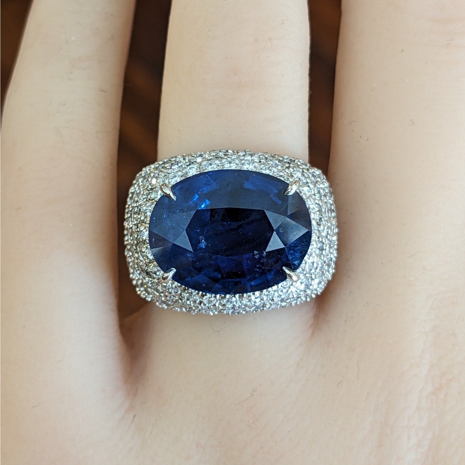 GIA 13.04 carat Oval Ceylon Sapphire & Diamond Ring in 18k White Gold