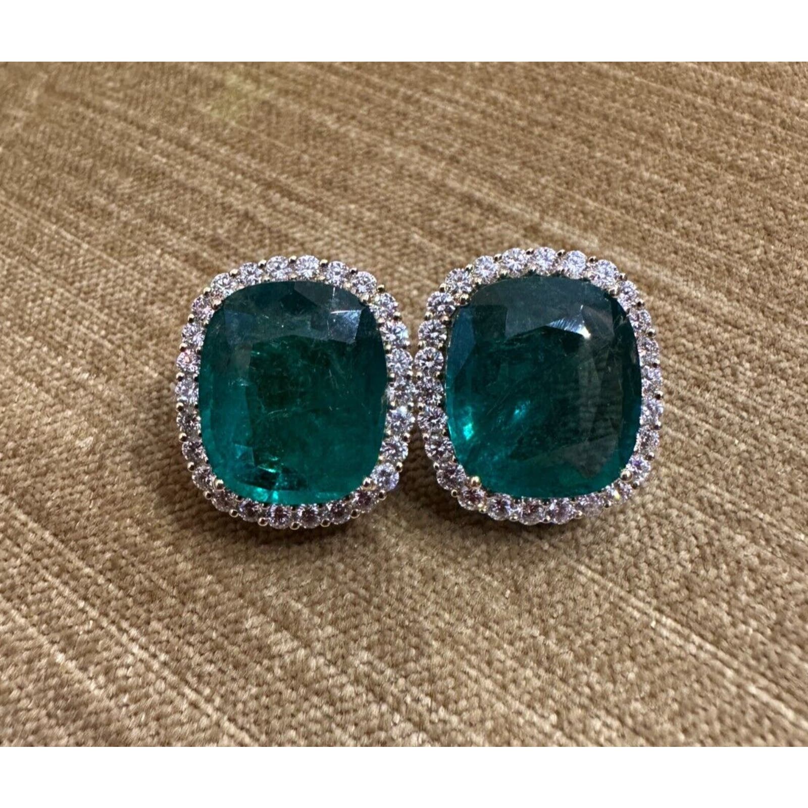AGL 29.15 cts Cushion Emerald Halo Diamond Earrings 18k Yellow Gold -HM2450AE