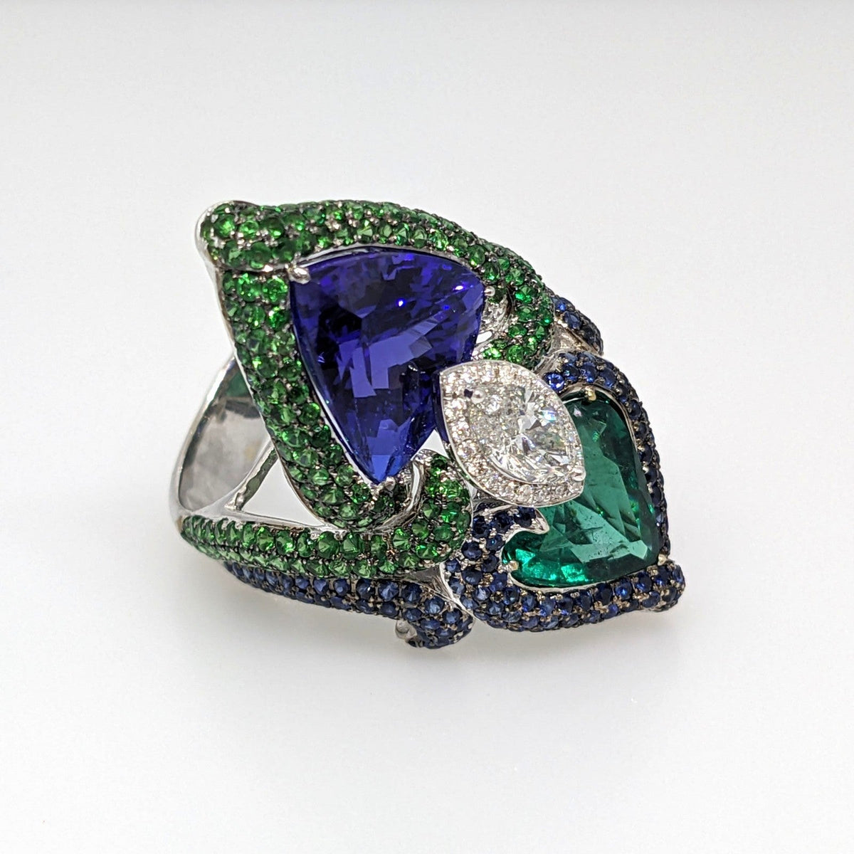 GIA Natural Emerald and Tanzanite and Diamond Ring in 18k White Gold