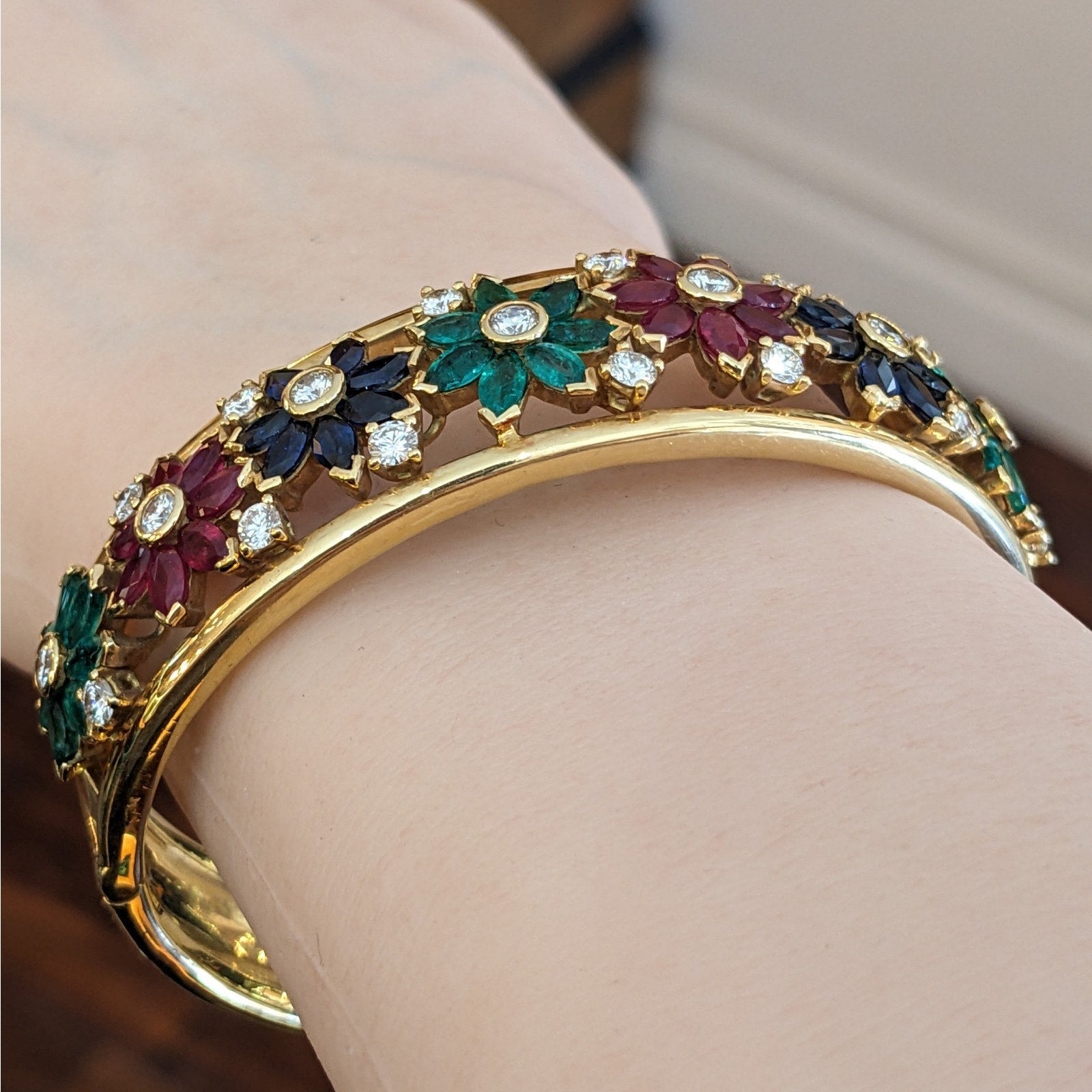 Wide Ruby-Sapphire-Emerald-Diamond Bangle Bracelet in 18k Yellow Gold