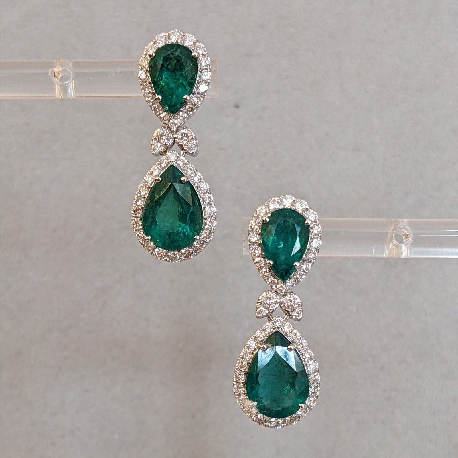 Natural Emerald and Diamond Drop Earrings in 18k White Gold