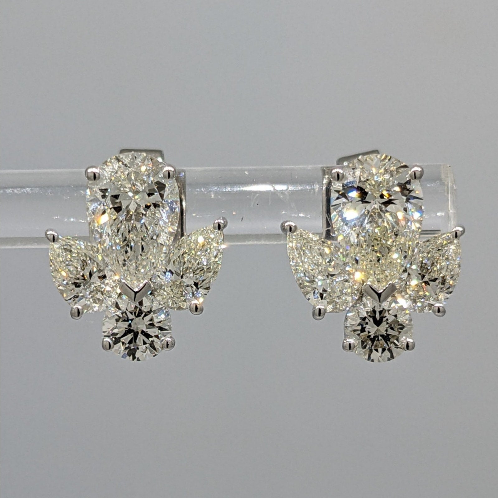 GIA Round & Pear Diamond Cluster Earrings 3.83 ctw in 18k White Gold