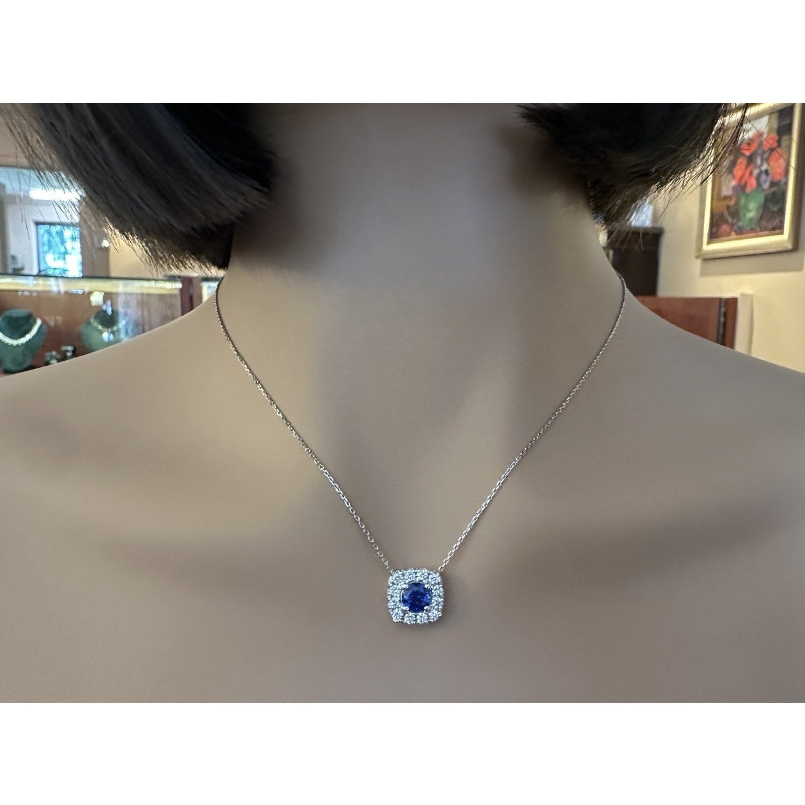 Natural Sapphire & Diamond Halo Pendant Necklace in 14k White Gold