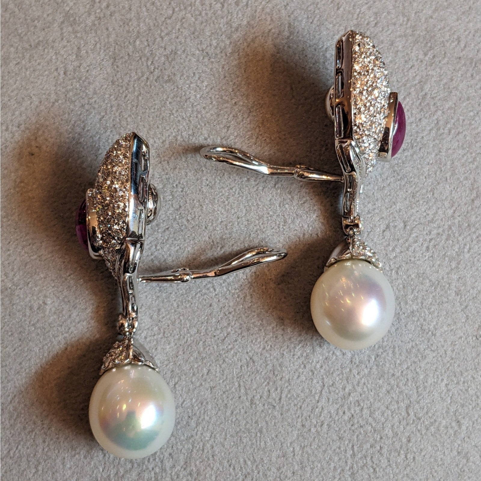 Natural Ruby, Diamond and Pearl Drop Earrings in Platinum