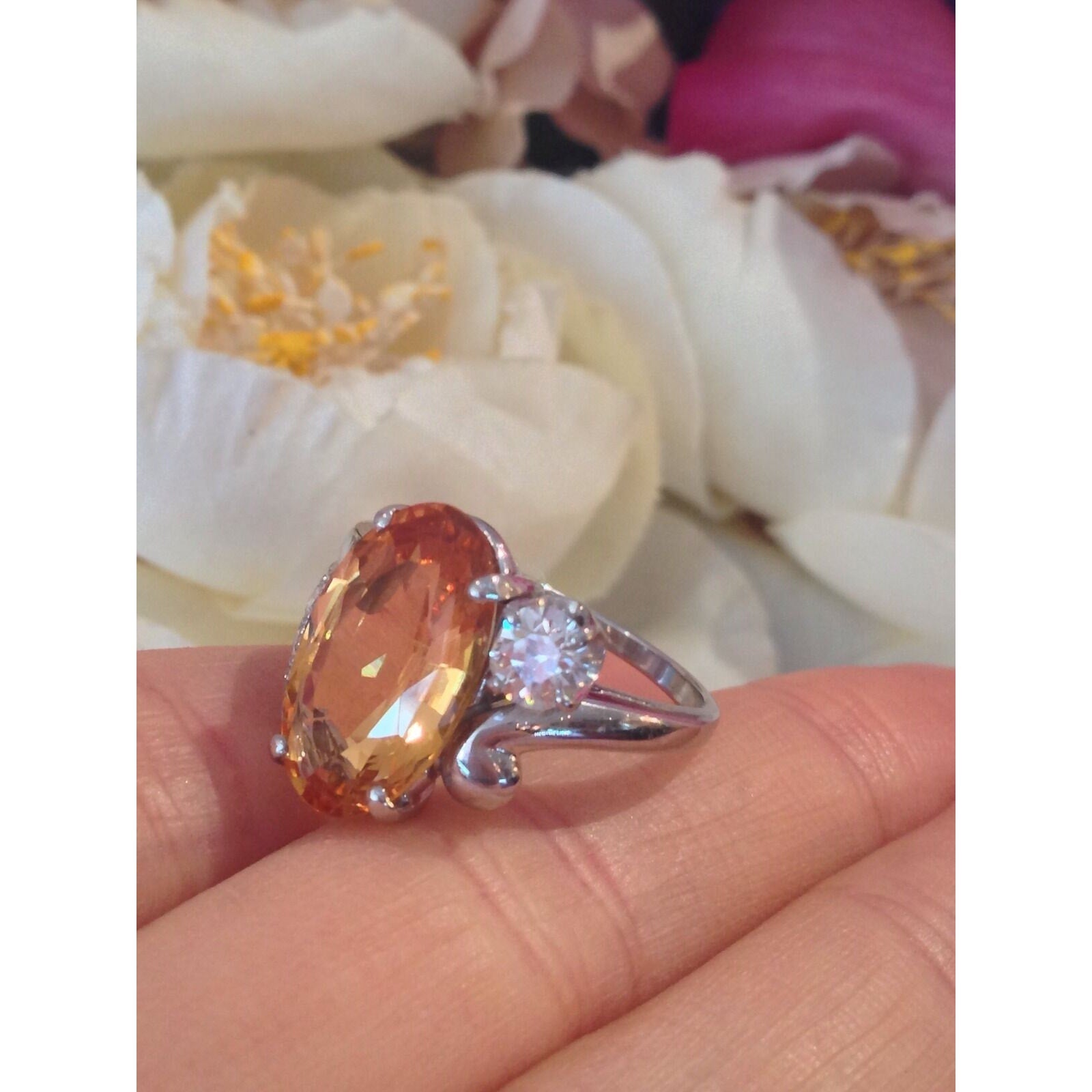 GIA certified 6.78 ct Yellow-Orange Topaz and Diamond Ring in Platinum