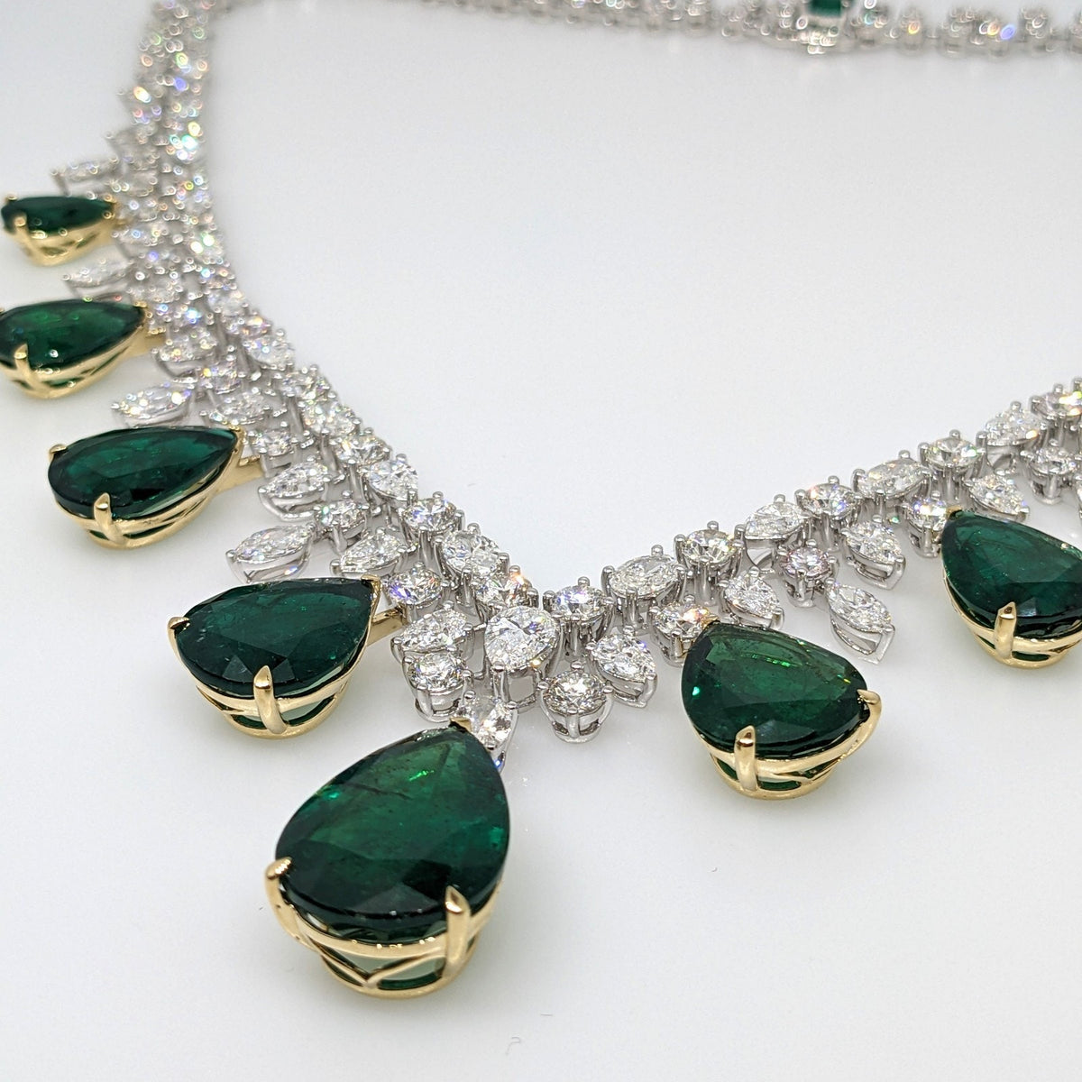 AGL Emerald & Diamond Fringe Bib Statement Necklace in 18k White Gold
