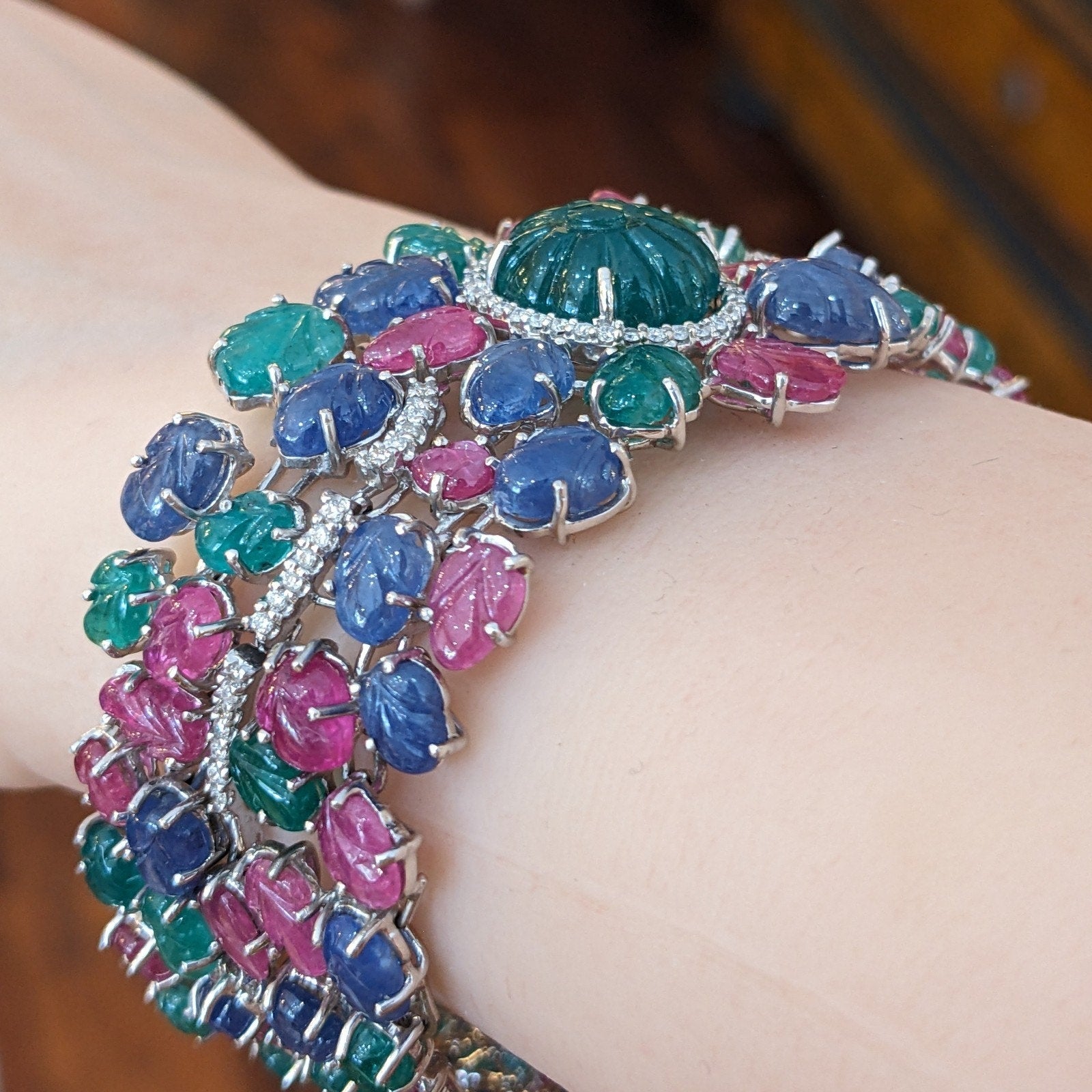 Carved Emerald, Ruby & Sapphire Bracelet with Diamonds in 18k White Gold