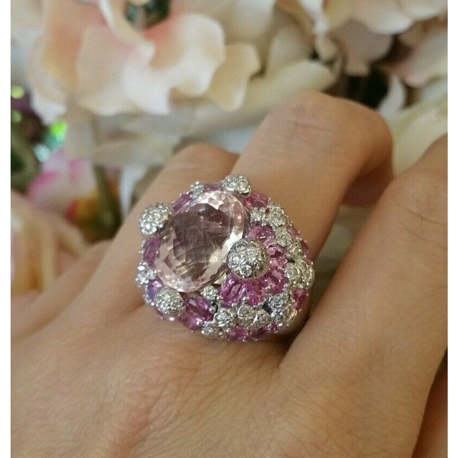 Kunzite, Pink Sapphire & Diamond Cocktail Ring in 18k White Gold