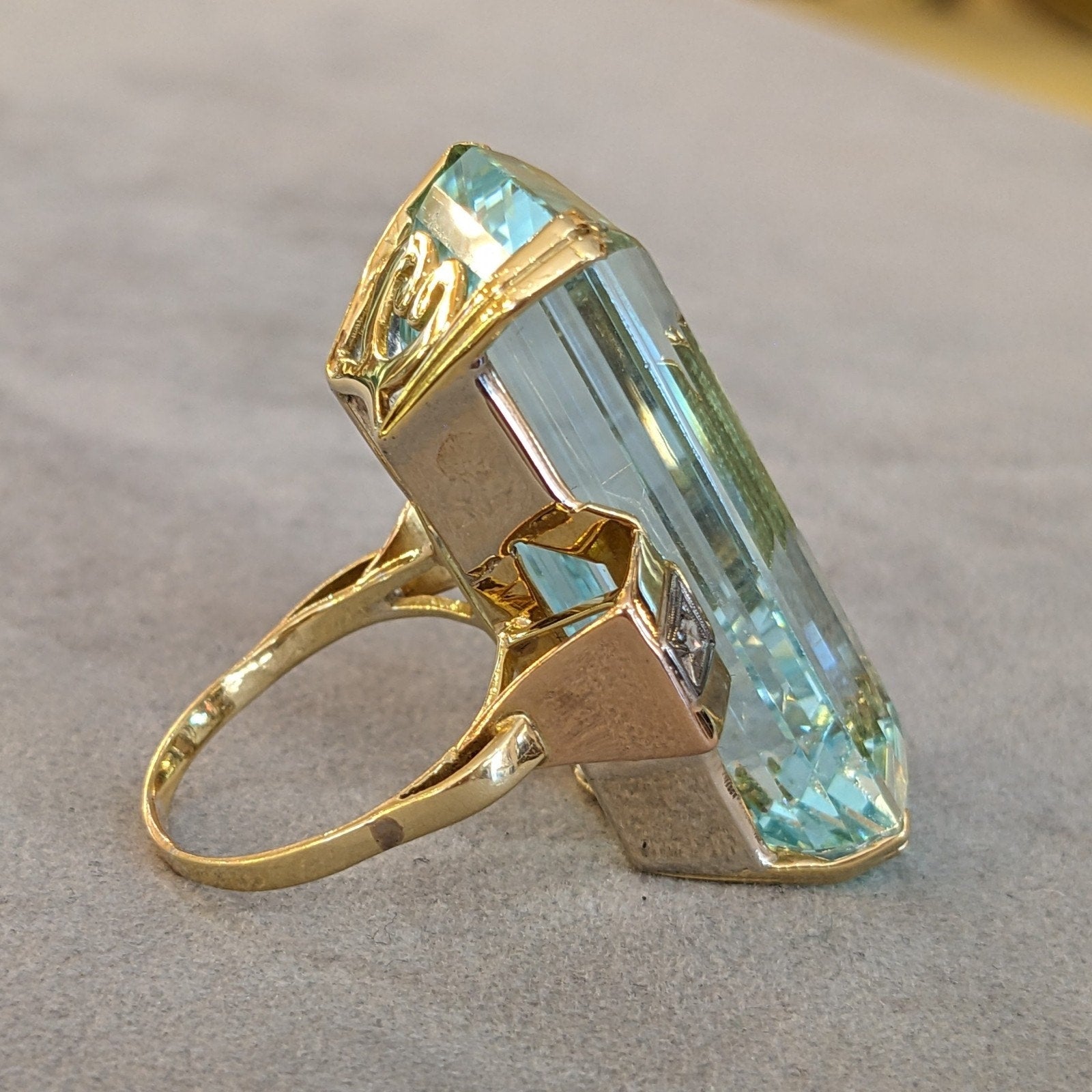 66.92 ct Elongated Aquamarine in Retro ring setting 18k and 14k Gold