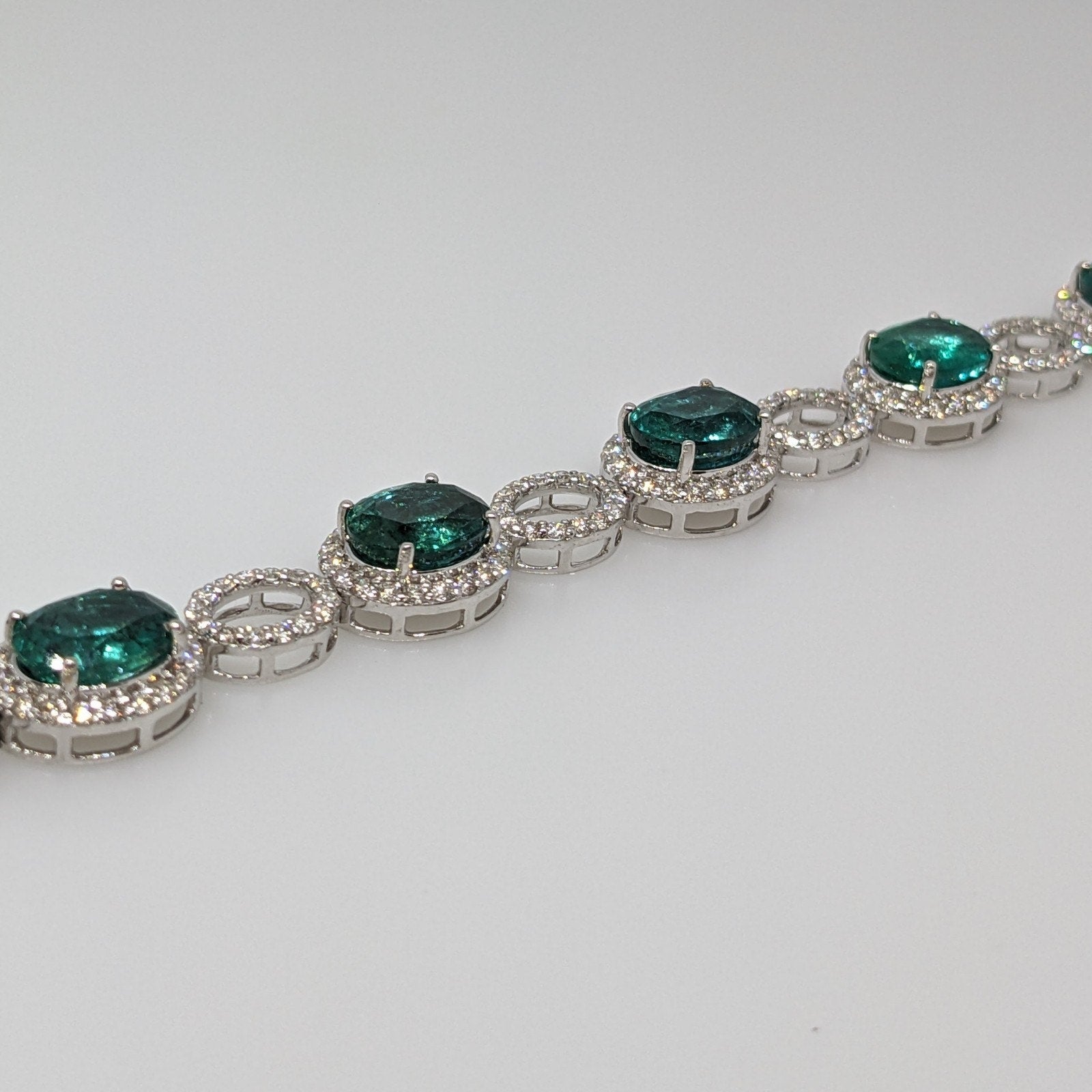 GIA Oval Emerald and Diamond Link Bracelet in 18k White Gold