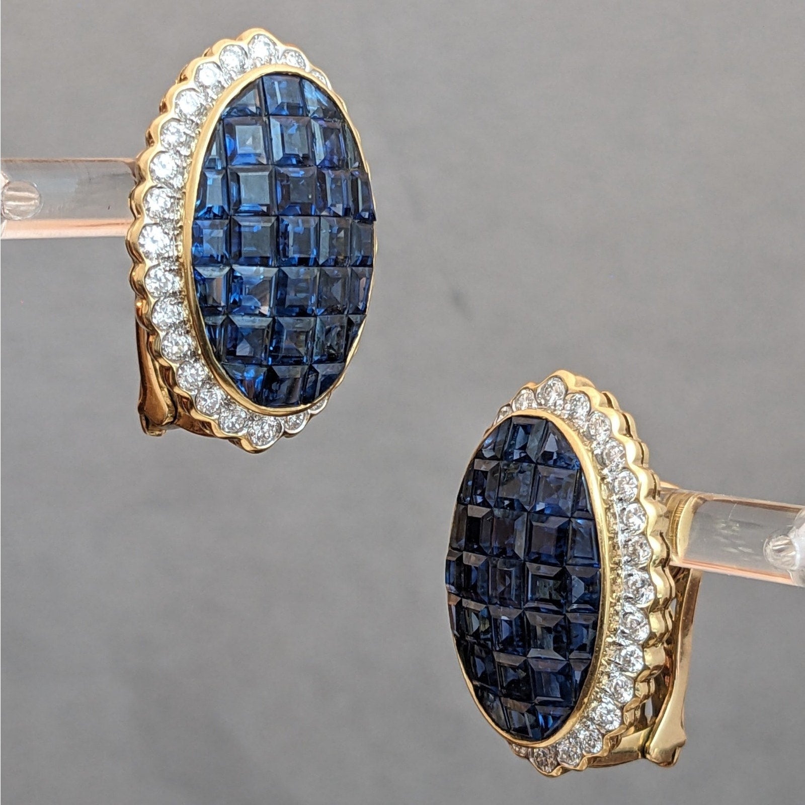 Mystery Invisible Set Sapphire and Diamond Earrings in 18k Yellow Gold