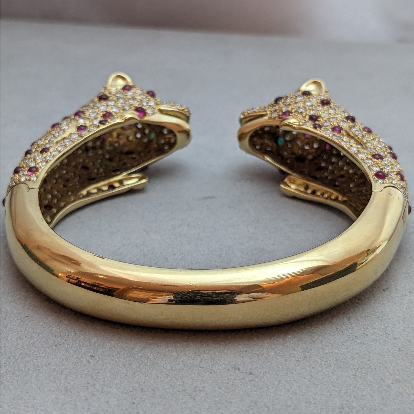 Ruby and Diamond Pave Panther Head Bangle Bracelet in 18k Yellow Gold