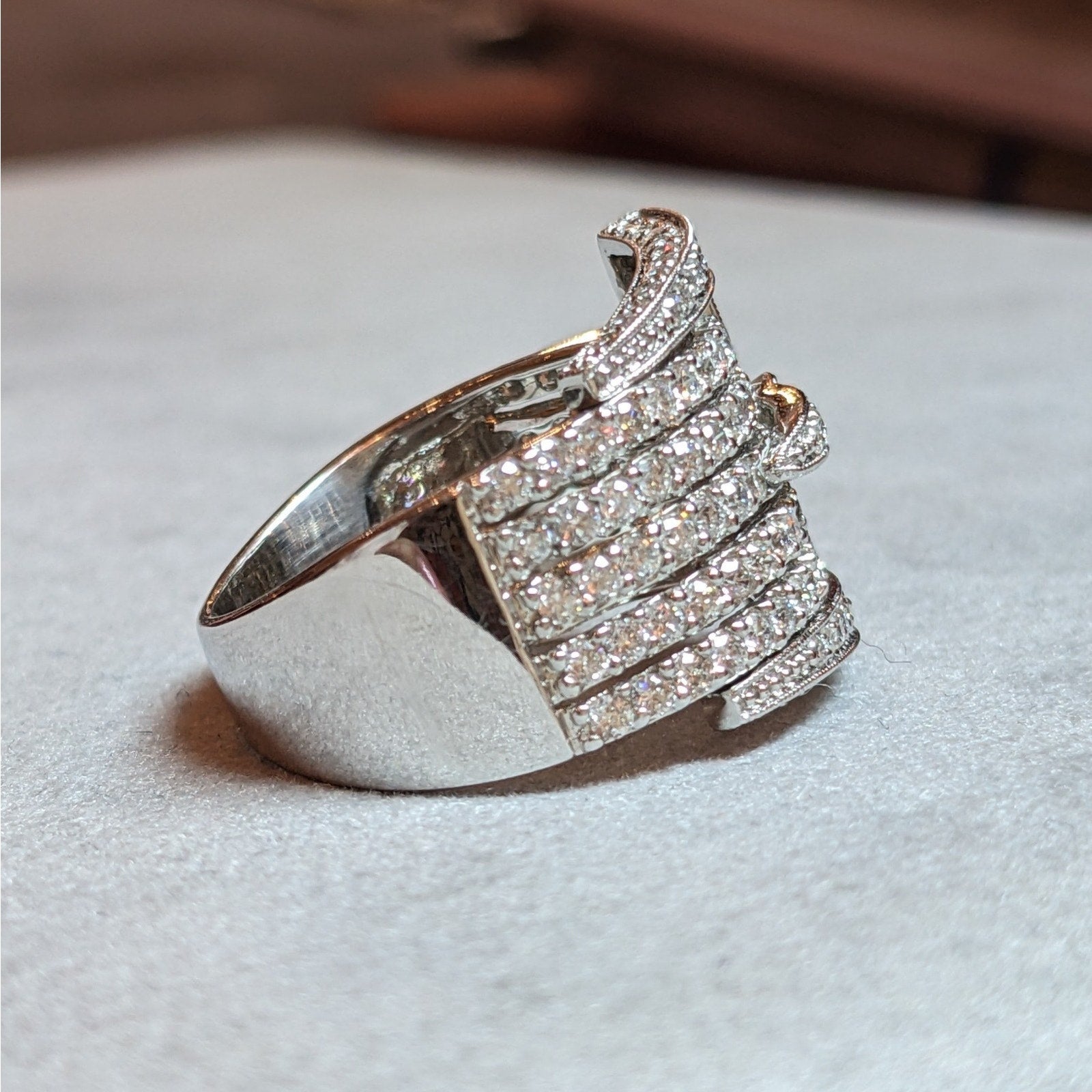 Wide Five Row Diamond Buckle Ring in 14k White Gold
