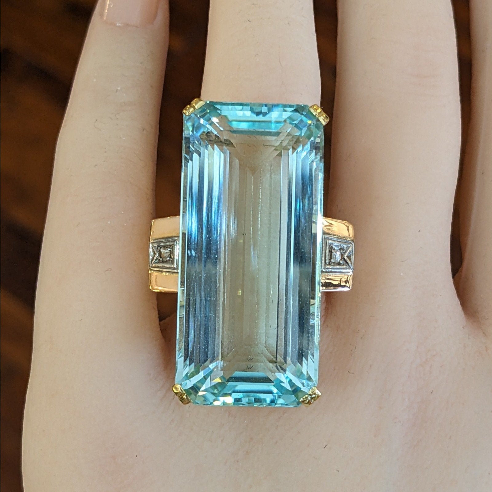66.92 ct Elongated Aquamarine in Retro ring setting 18k and 14k Gold