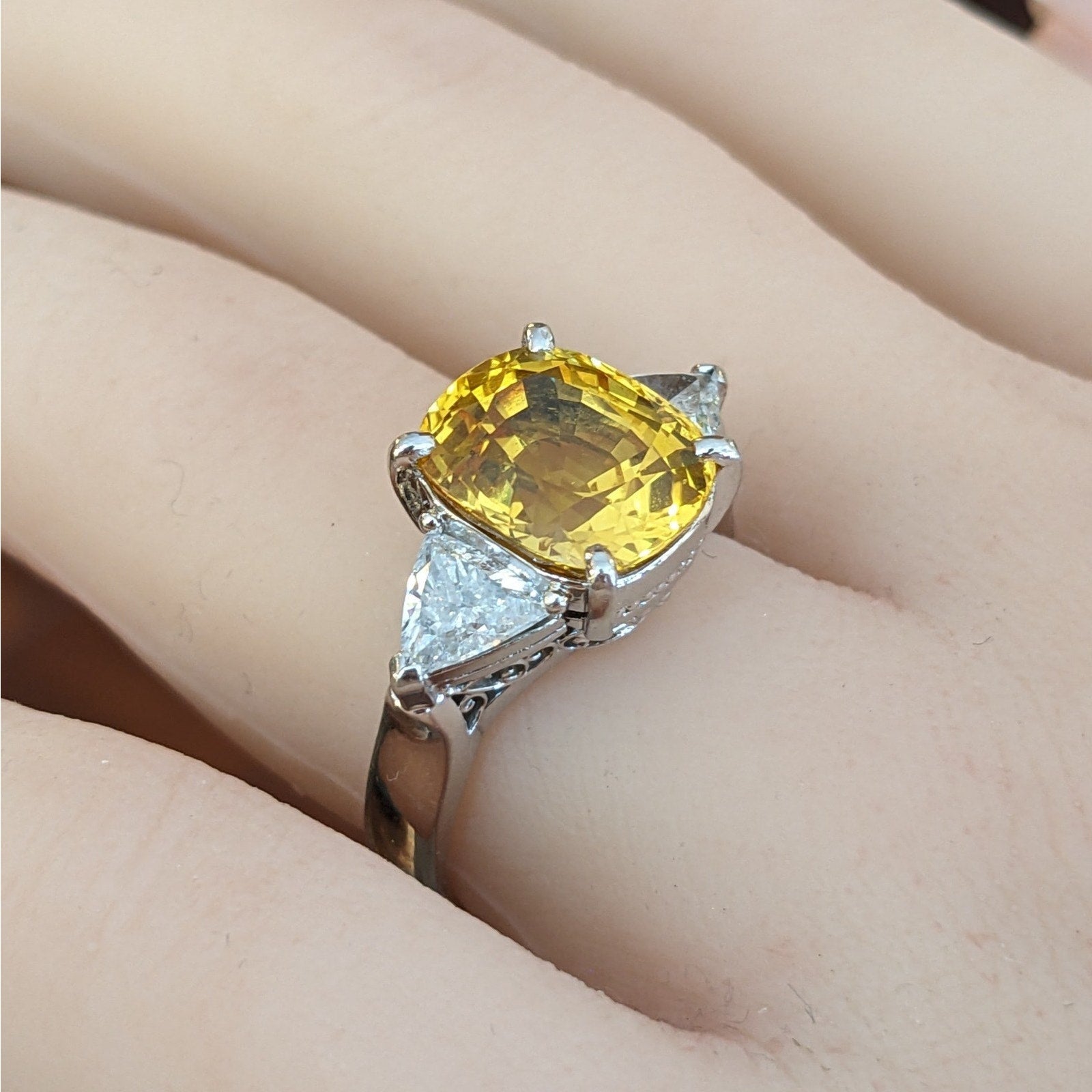GIA 6.50cts Cushion Yellow Sapphire & Diamond 3-Stone Ring in Platinum