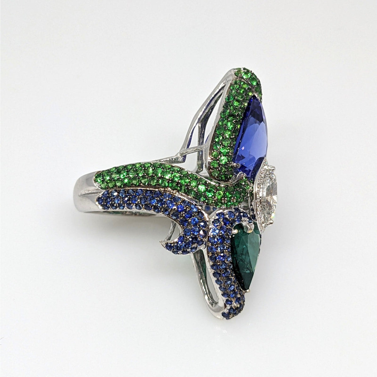 GIA Natural Emerald and Tanzanite and Diamond Ring in 18k White Gold