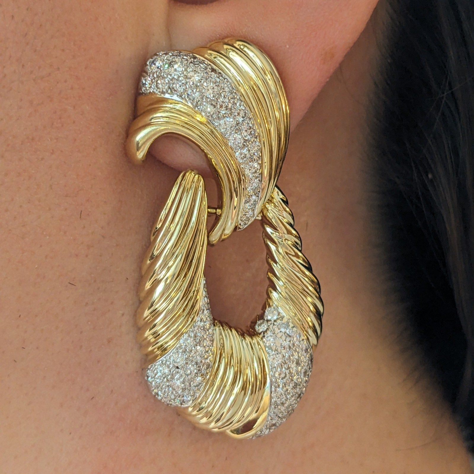 Large Diamond Door Knocker Dangle Earrings in 14k Yellow Gold