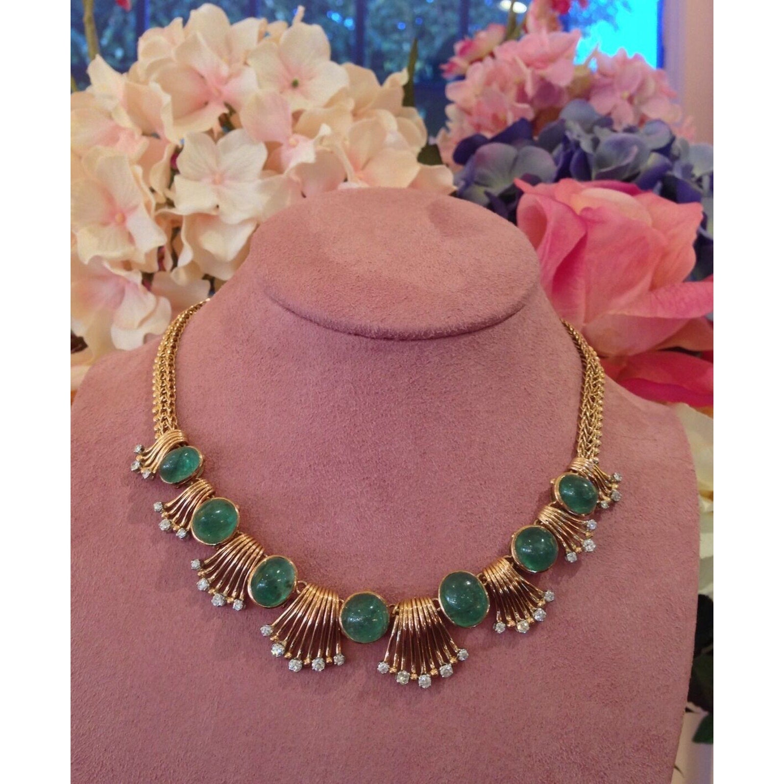 Retro Emerald Cabochon & Diamond Necklace in 18K Rose Gold