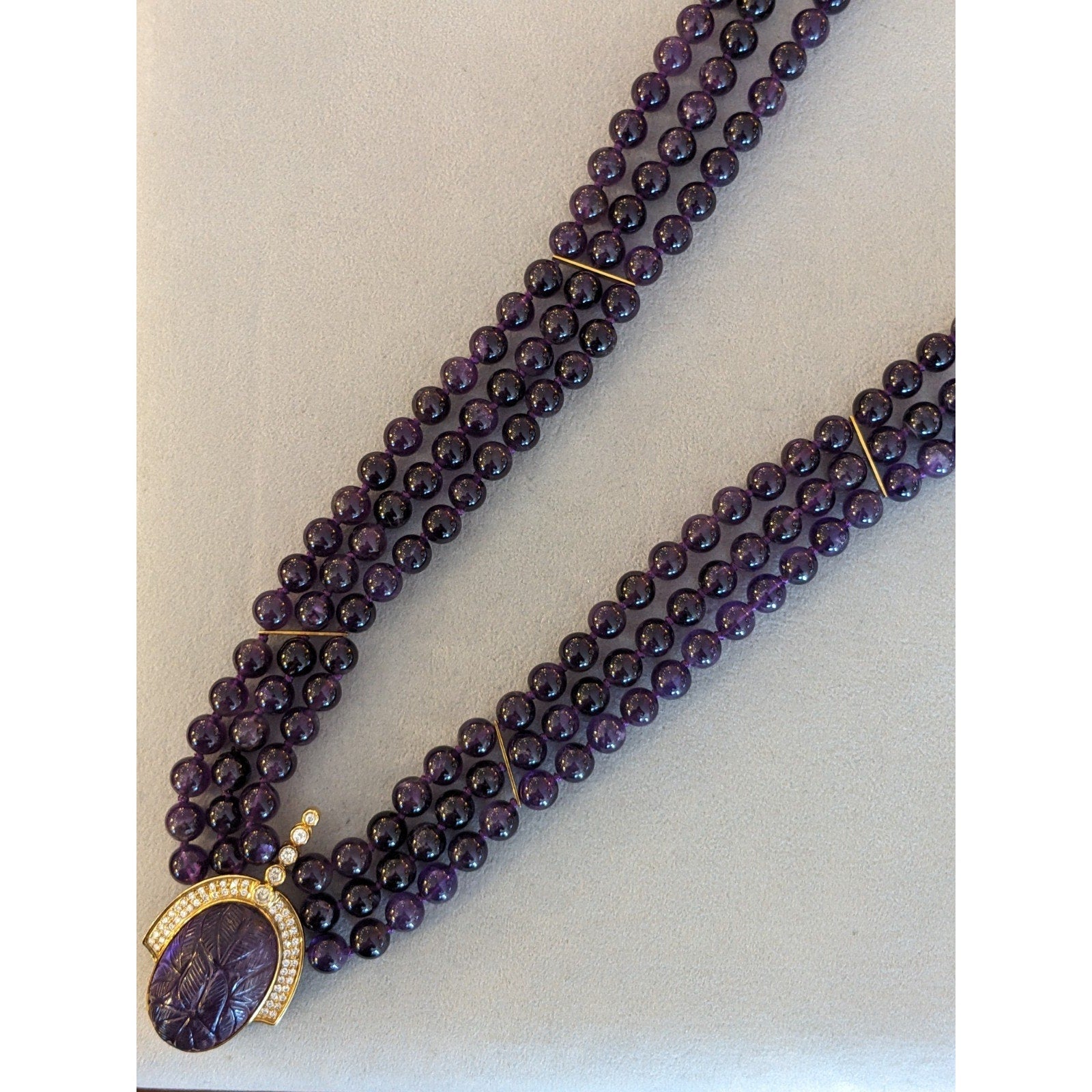 Carved Amethyst and Diamond Pendant Bead Necklace in 18k Yellow Gold