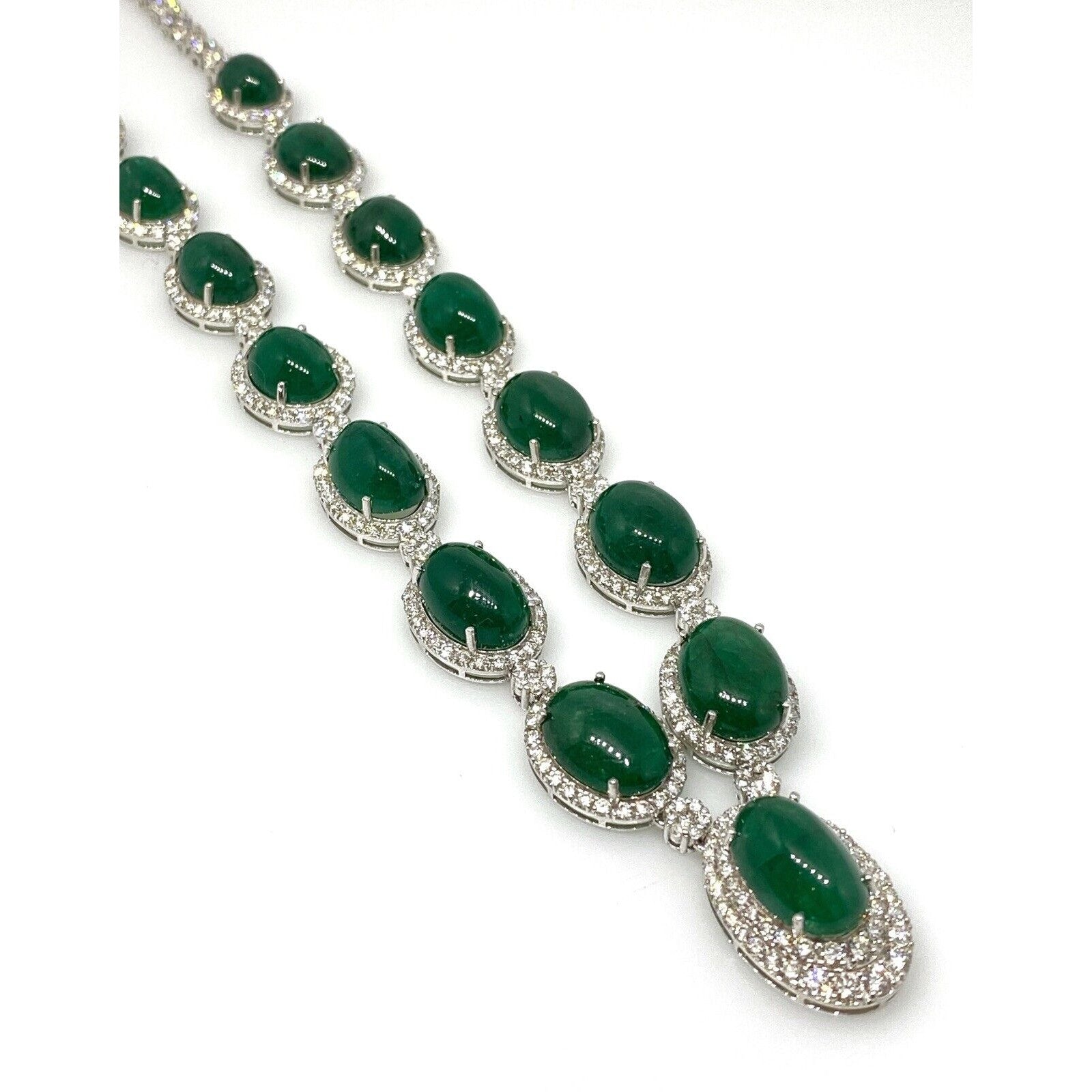 GIA Cabochon Emerald and Diamond Necklace in 18k White Gold