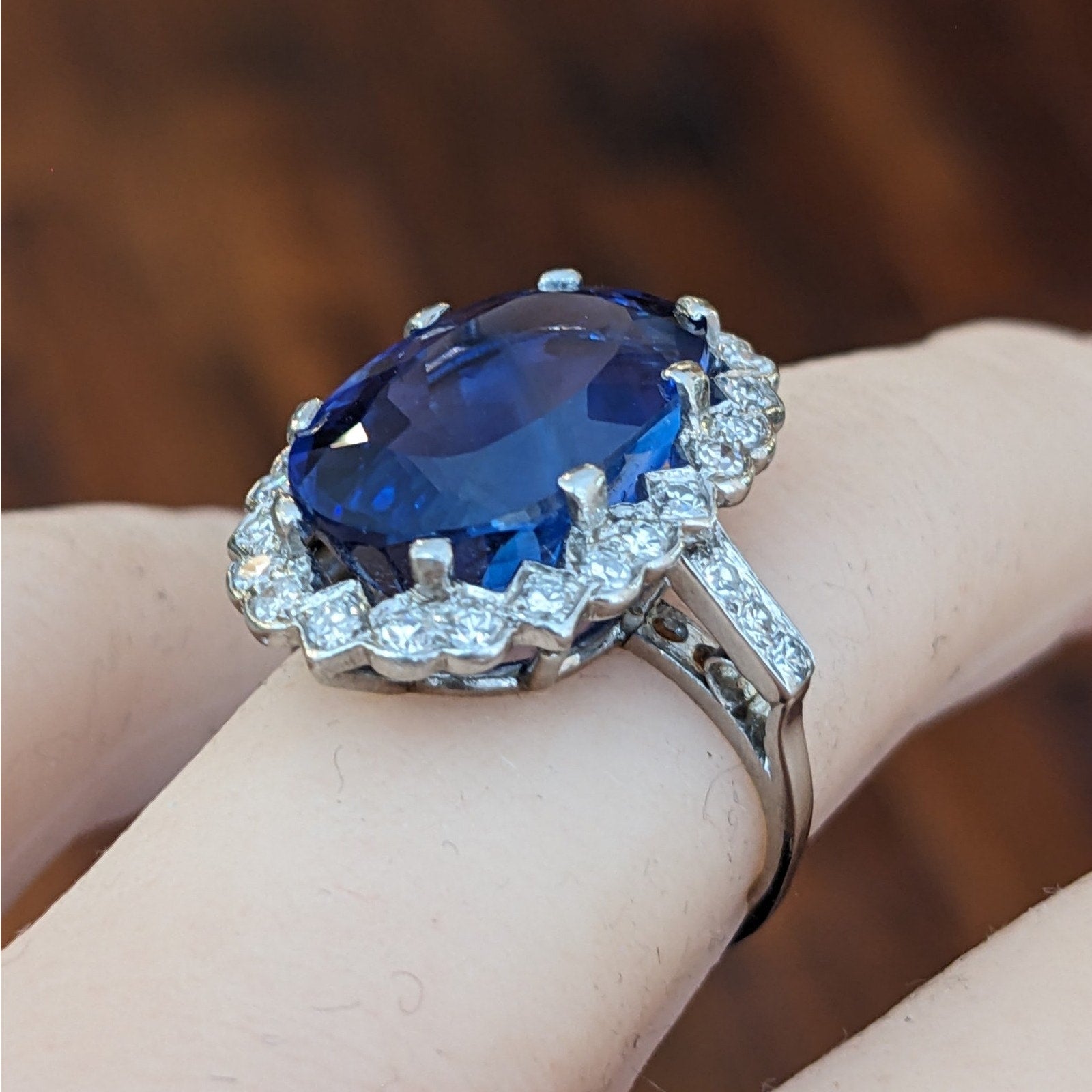 GIA 12.81 ct Unheated Burma Sapphire Vintage Diamond Ring in Platinum