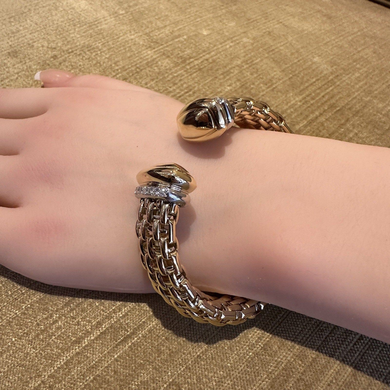 Wide Flexible Cuff Bangle with Diamonds in 18k Yellow and White Gold