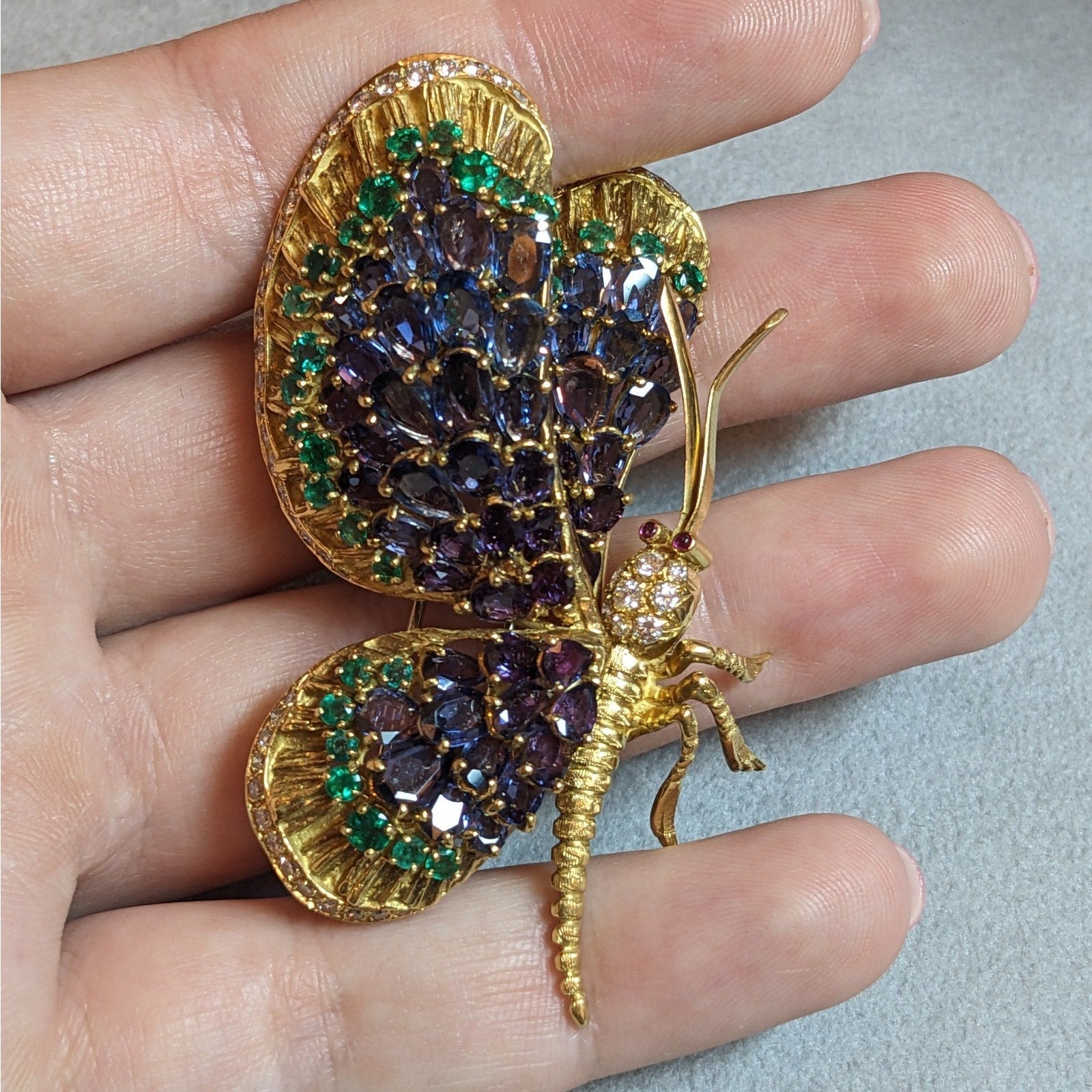 Large Sapphire, Emerald, and Diamond Butterfly Pin in 18k Yellow Gold