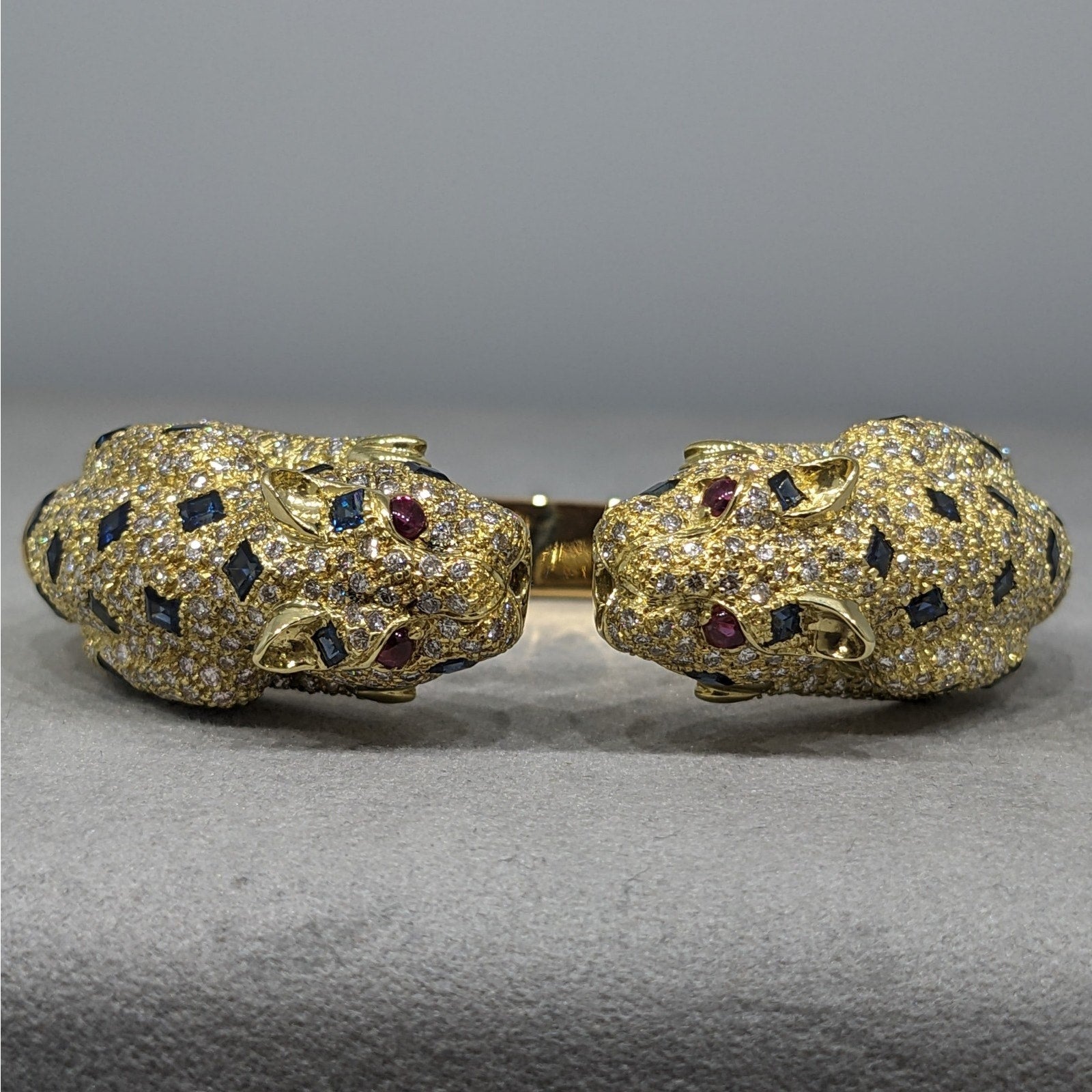 Panther Diamond and Sapphire Pave Bangle Bracelet in 18k Yellow Gold