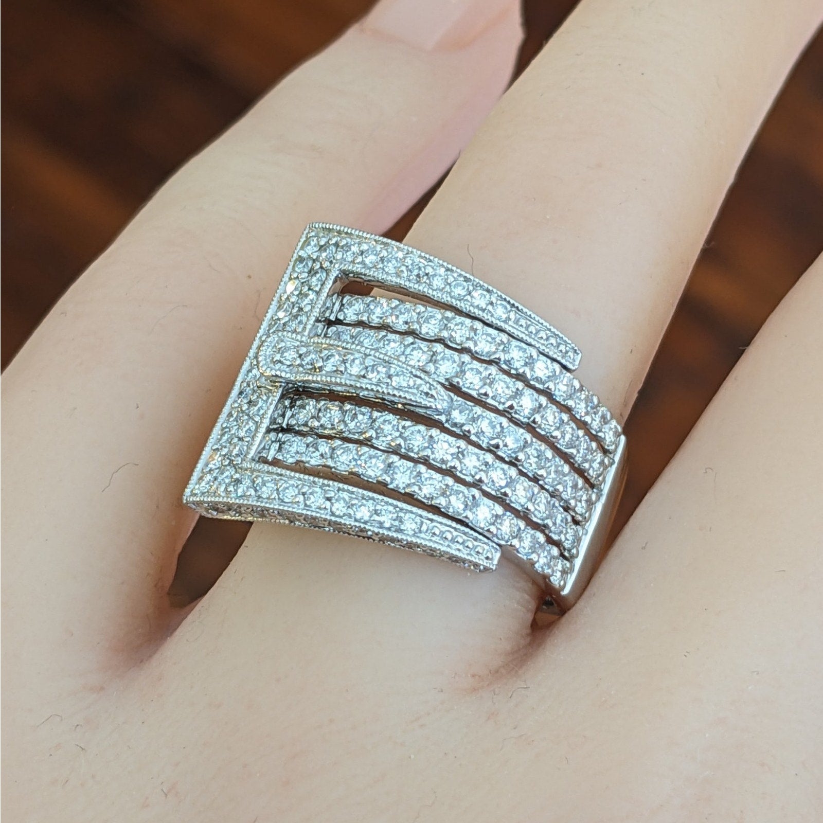Wide Five Row Diamond Buckle Ring in 14k White Gold