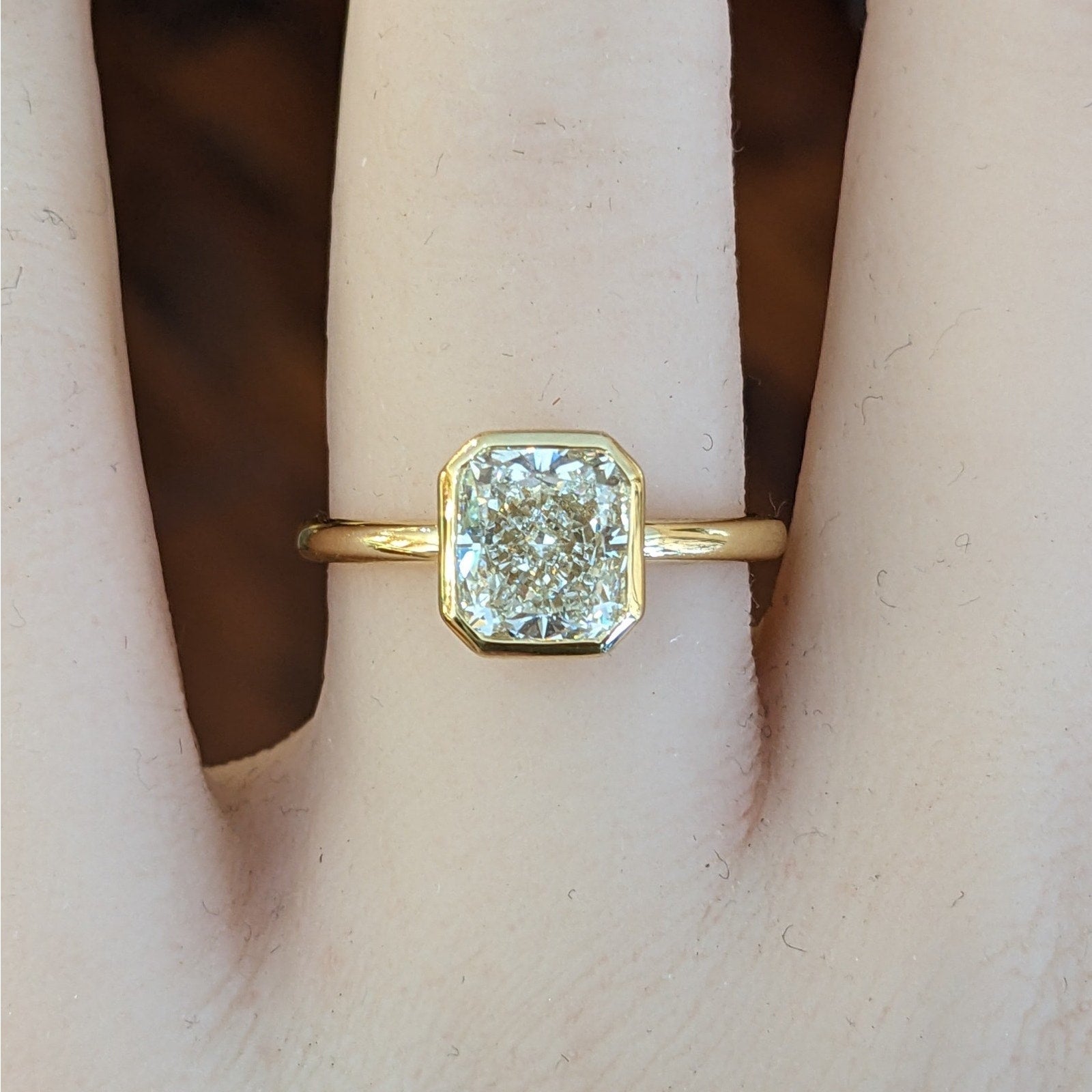 GIA Bezel Set Natural Cushion Diamond Ring in 18k Yellow Gold