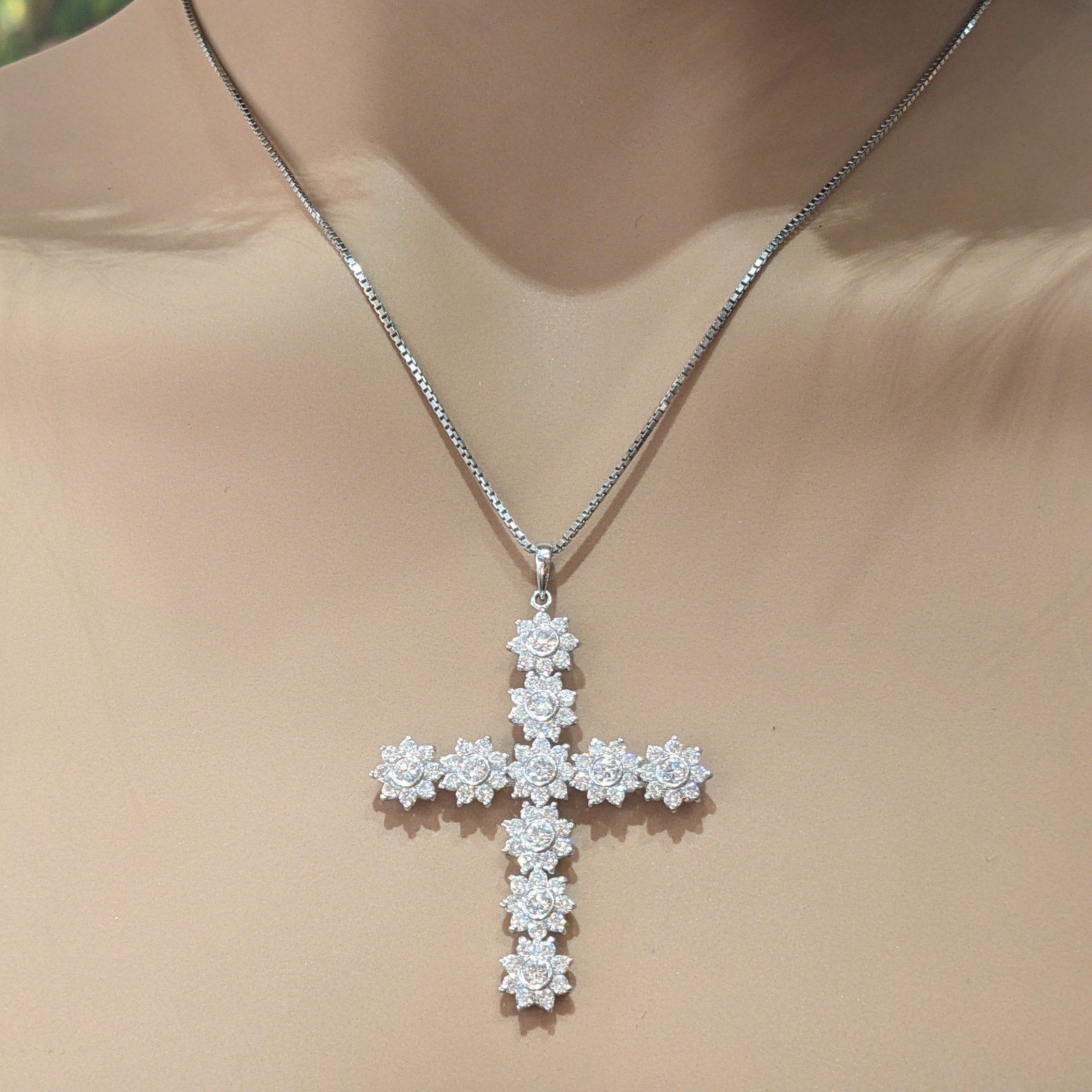 Natural Diamond Cross Pendant Necklace in 18k White Gold & Platinum