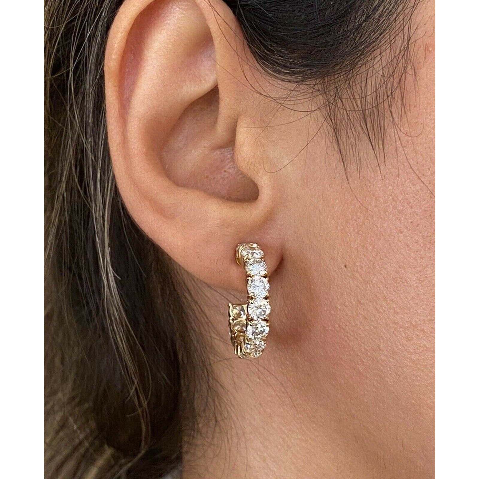 7.44 cts Single Row Diamond Round Hoop Earrings in 18k Yellow Gold -- HM2222E