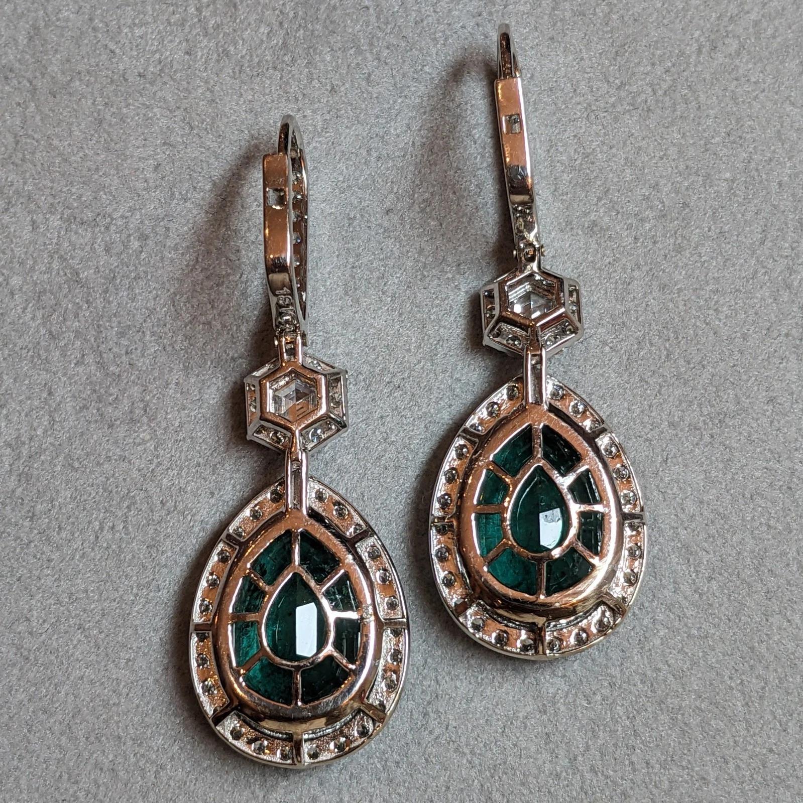 Large Pear Emerald Drop Earrings with Diamonds in 18k White Gold