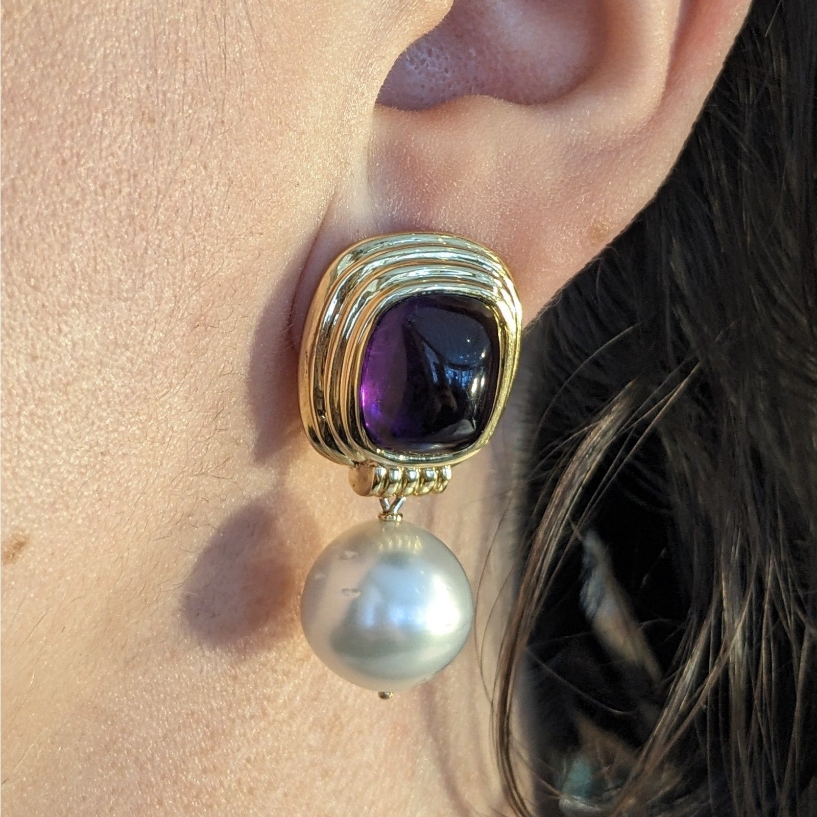 Amethyst and Pearl Dangle Drop Earrings in 18k Yellow Gold