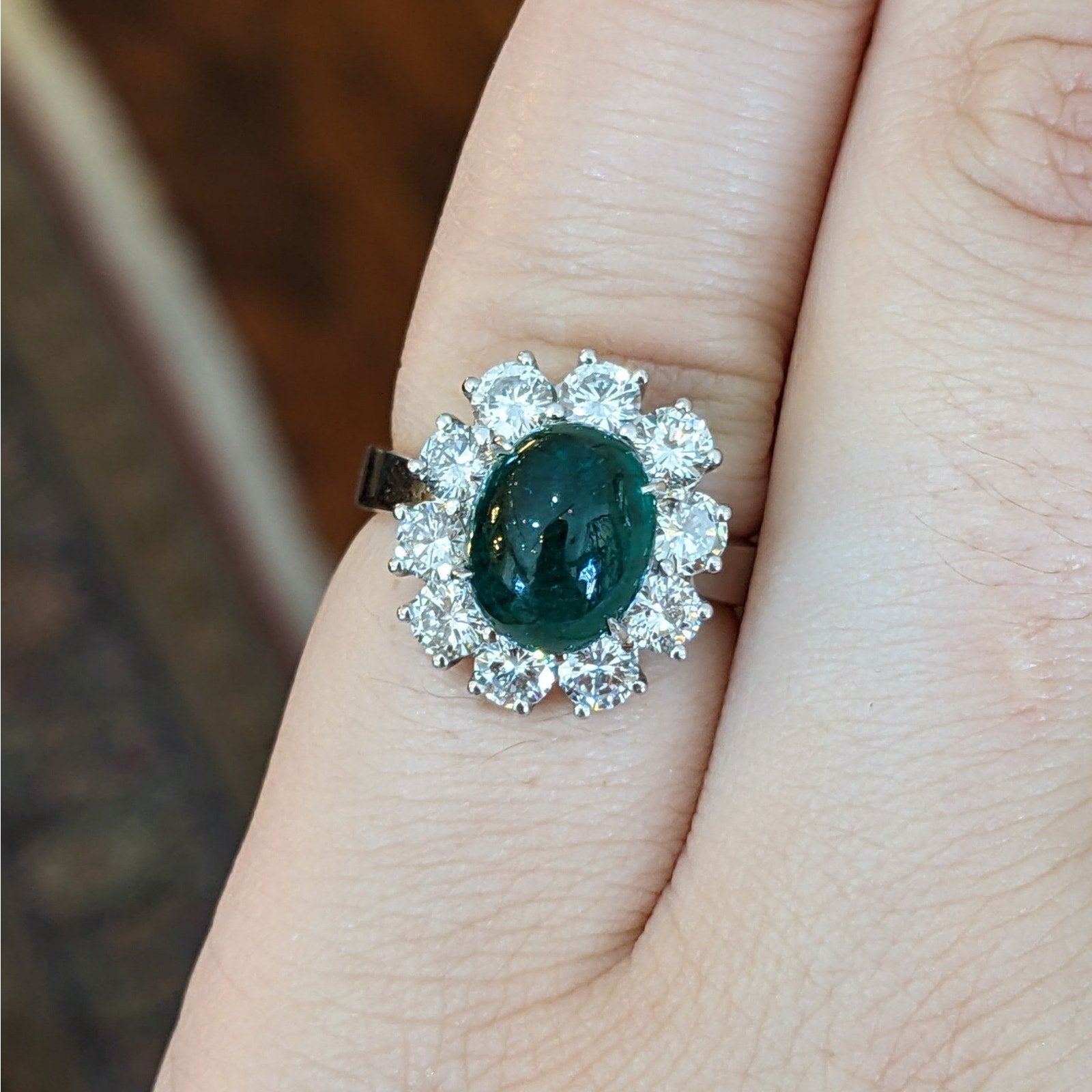 GIA Emerald Cabochon 3.48 ct with 1.60 ct Round Diamonds in Platinum