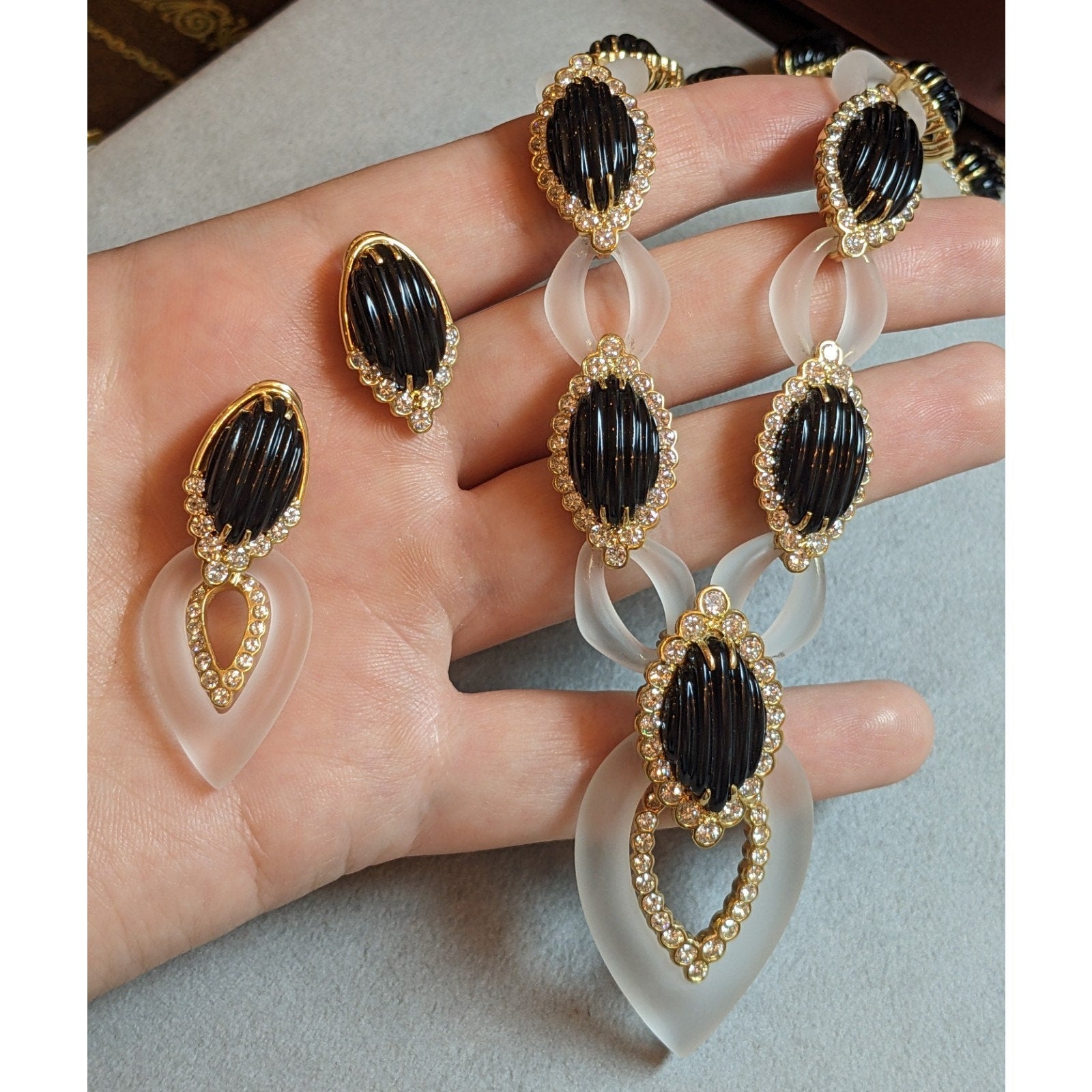 Diamond, Onyx, and Rock Crystal and Black Stone Necklace Set in 18k Yellow Gold