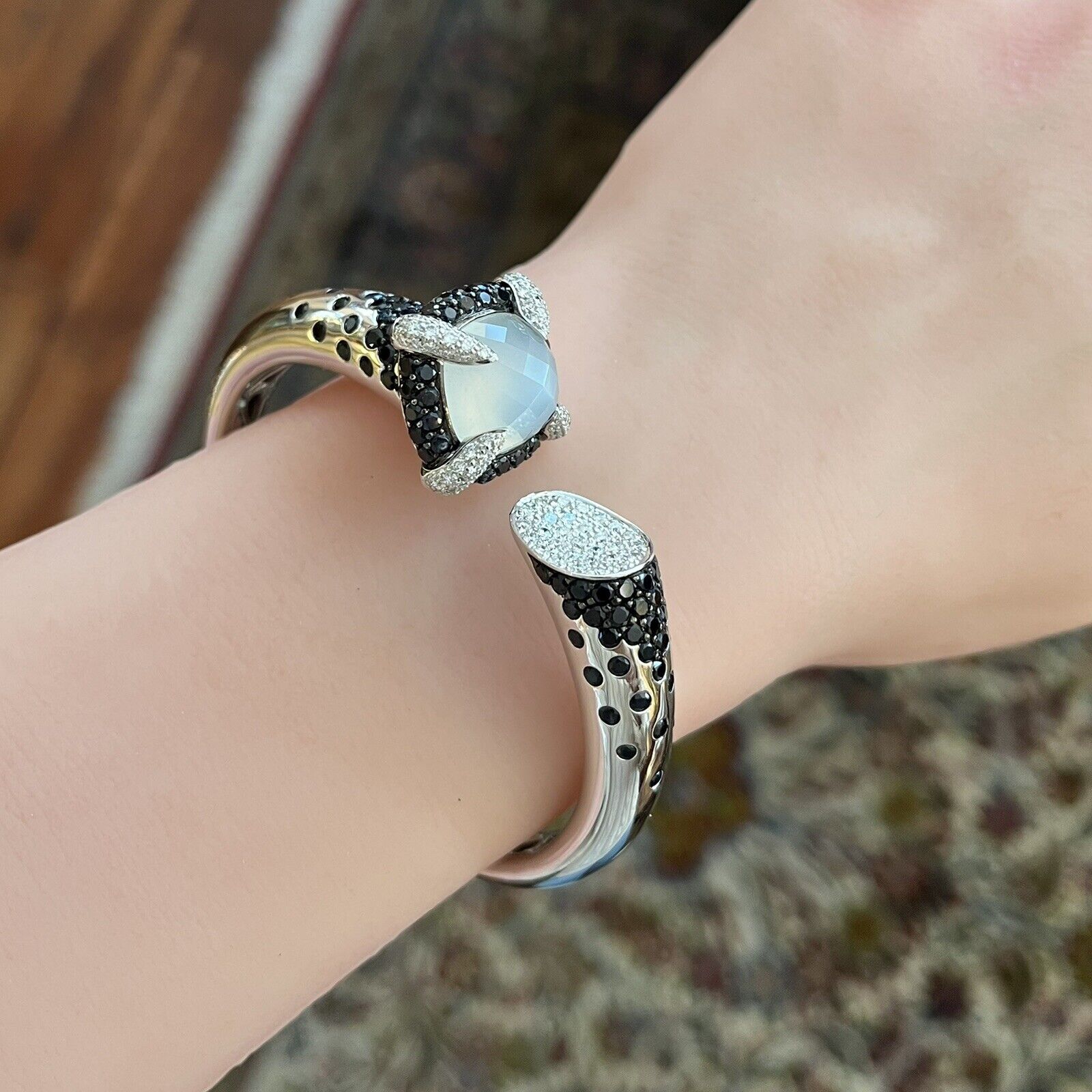 Diamond and Black Gemstone Hinged Bangle Bracelet in 18k White Gold